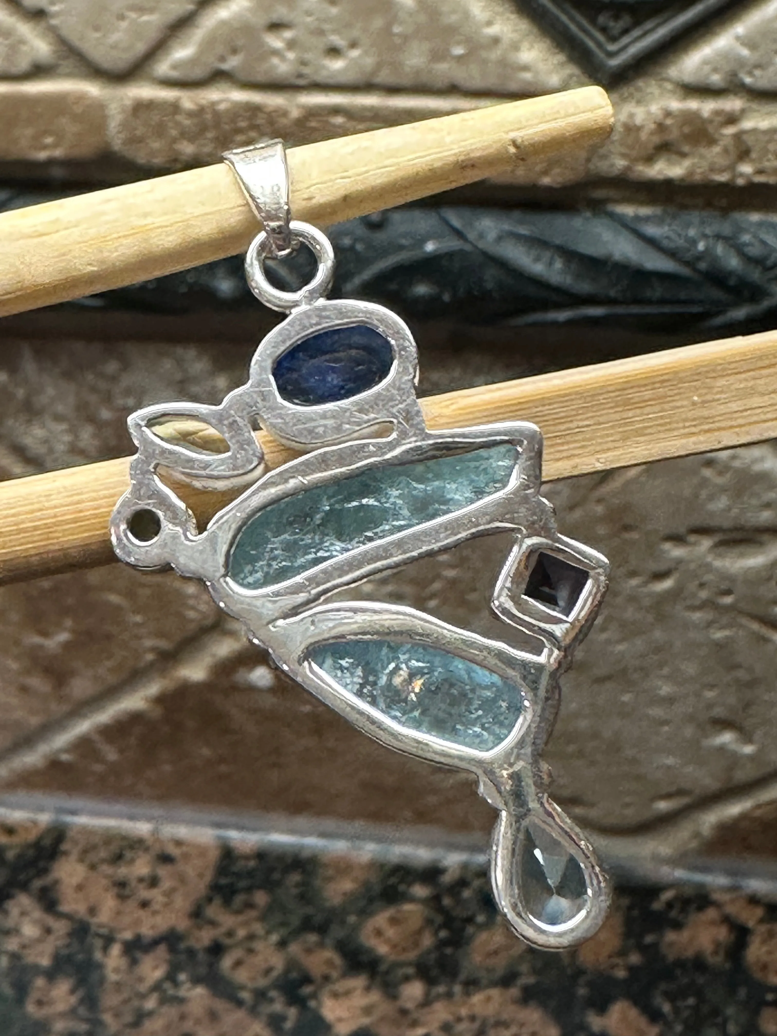 Natural Aquamarine, Kyanite, Blue Topaz, Iolite 925 Solid Sterling Silver Pendant 45mm
