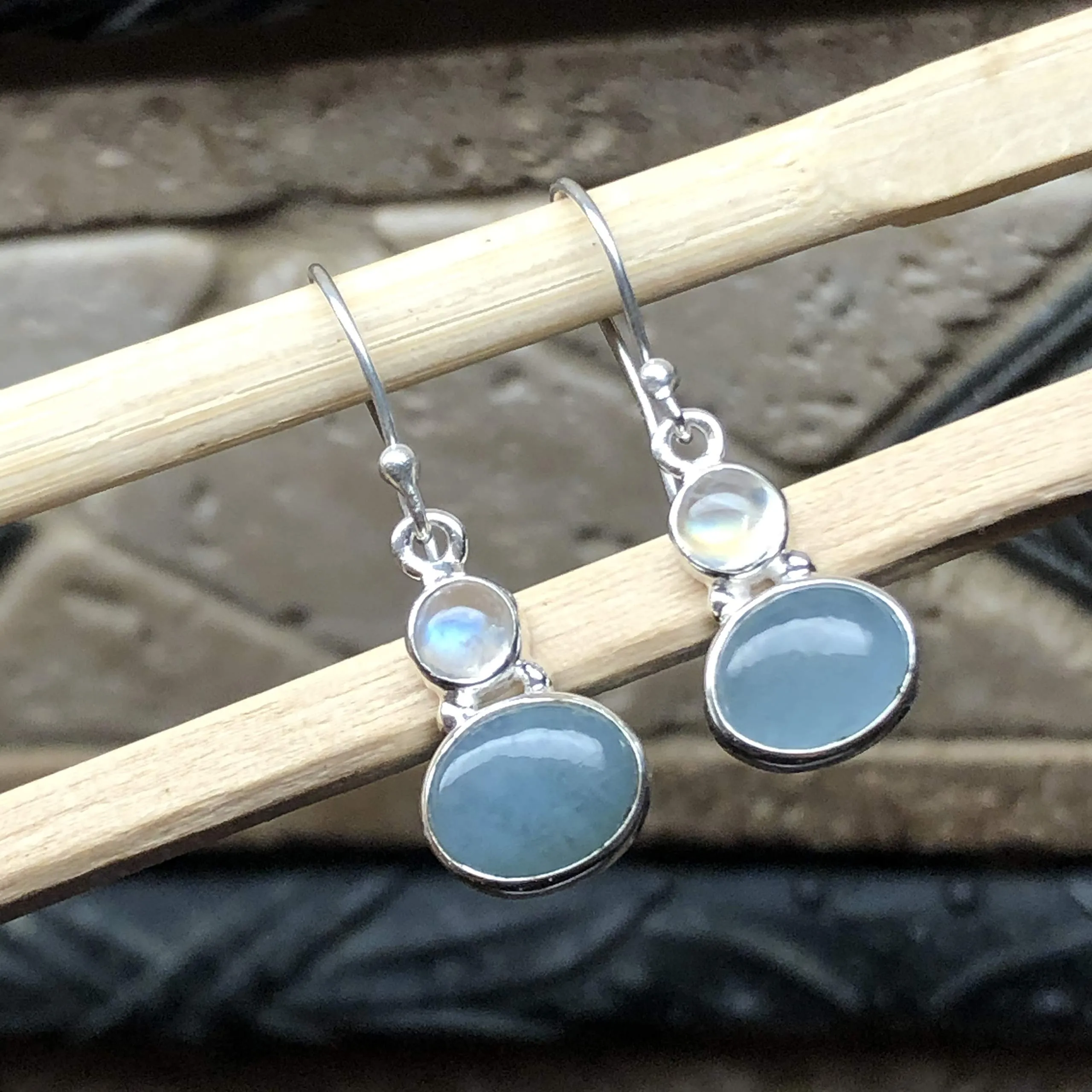 Natural Aquamarine, Moonstone 925 Solid Sterling Silver Earrings 30mm