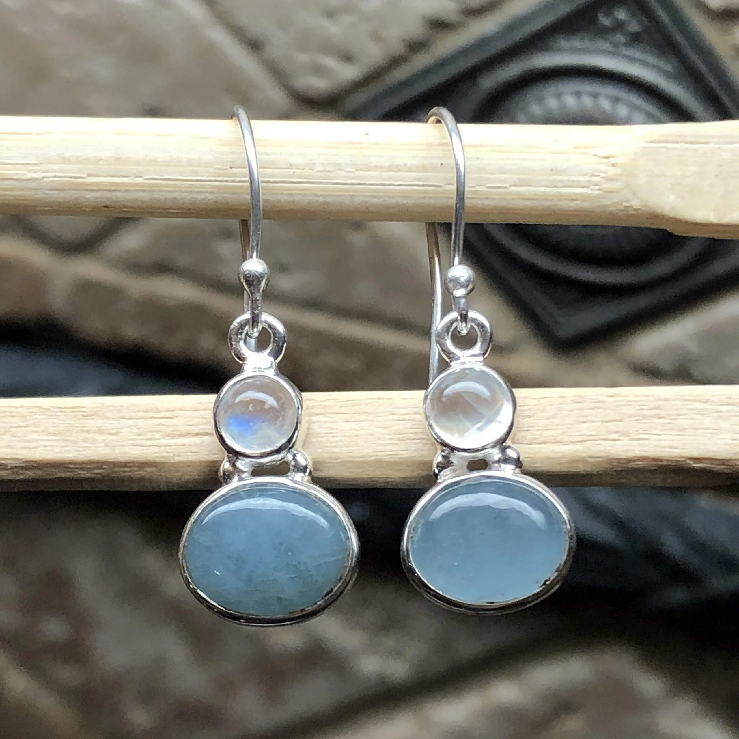 Natural Aquamarine, Moonstone 925 Solid Sterling Silver Earrings 30mm
