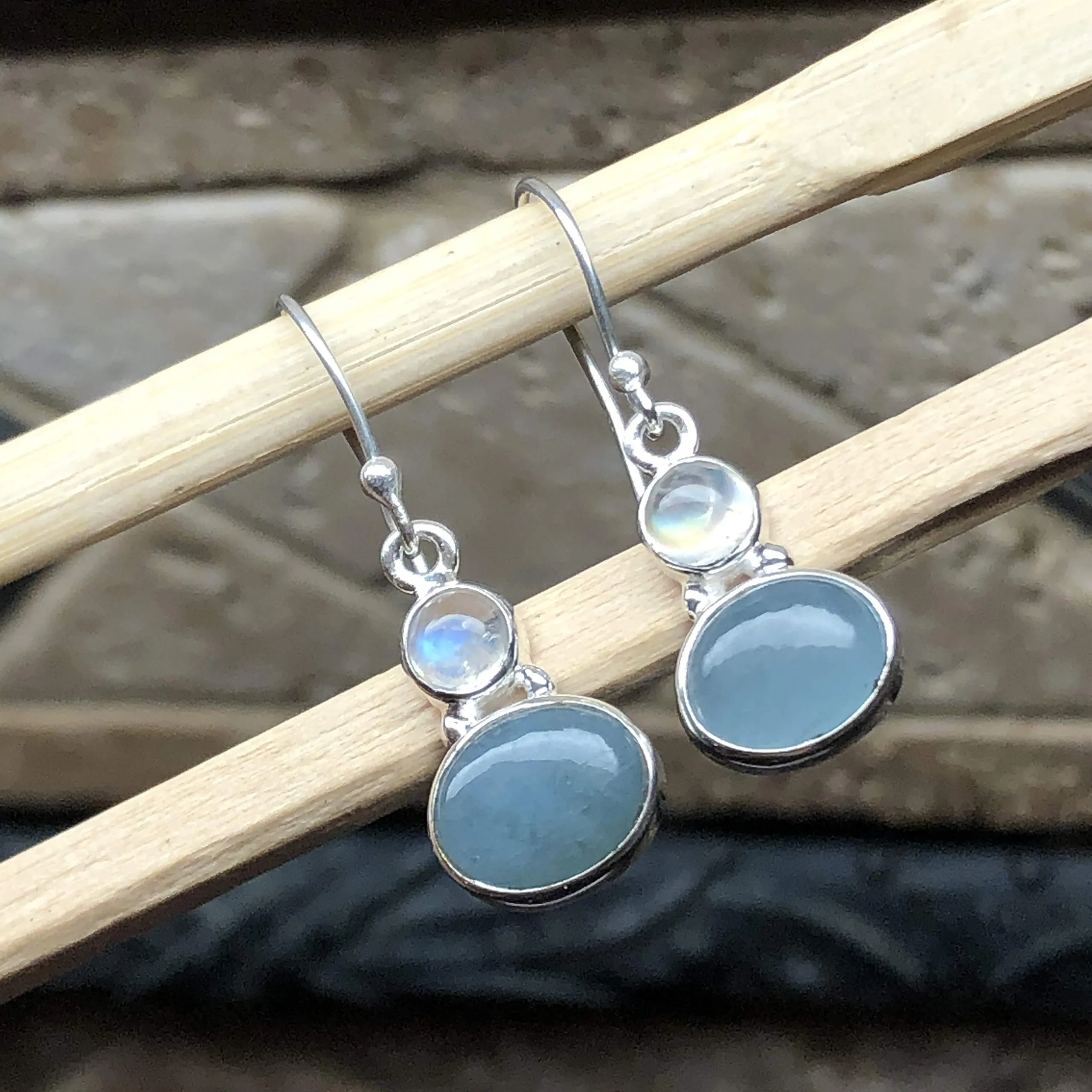 Natural Aquamarine, Moonstone 925 Solid Sterling Silver Earrings 30mm