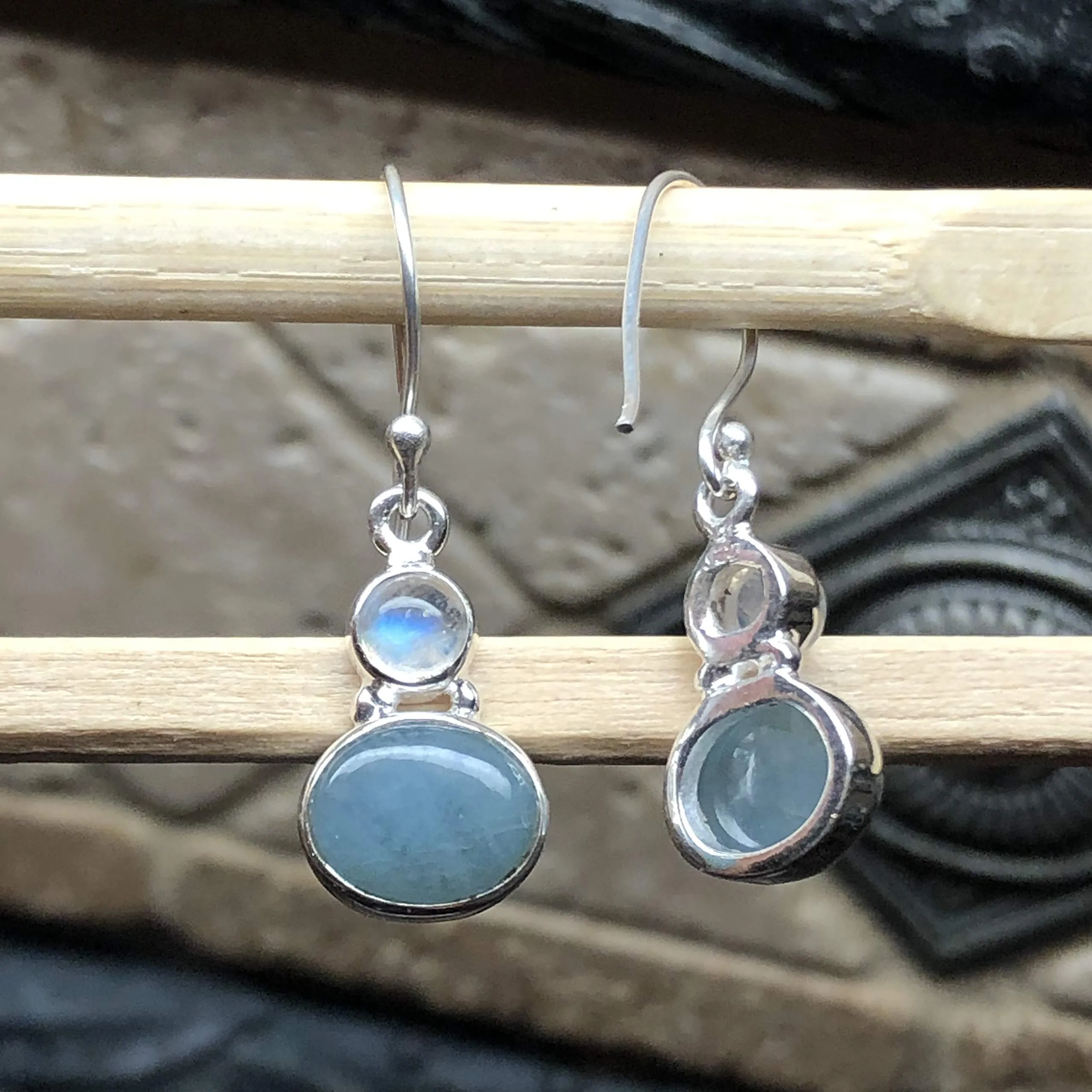 Natural Aquamarine, Moonstone 925 Solid Sterling Silver Earrings 30mm