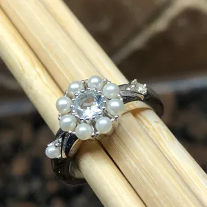 Natural Aquamarine, Pearl 925 Solid Sterling Silver Engagement Ring Sz 6, 7, 8, 9