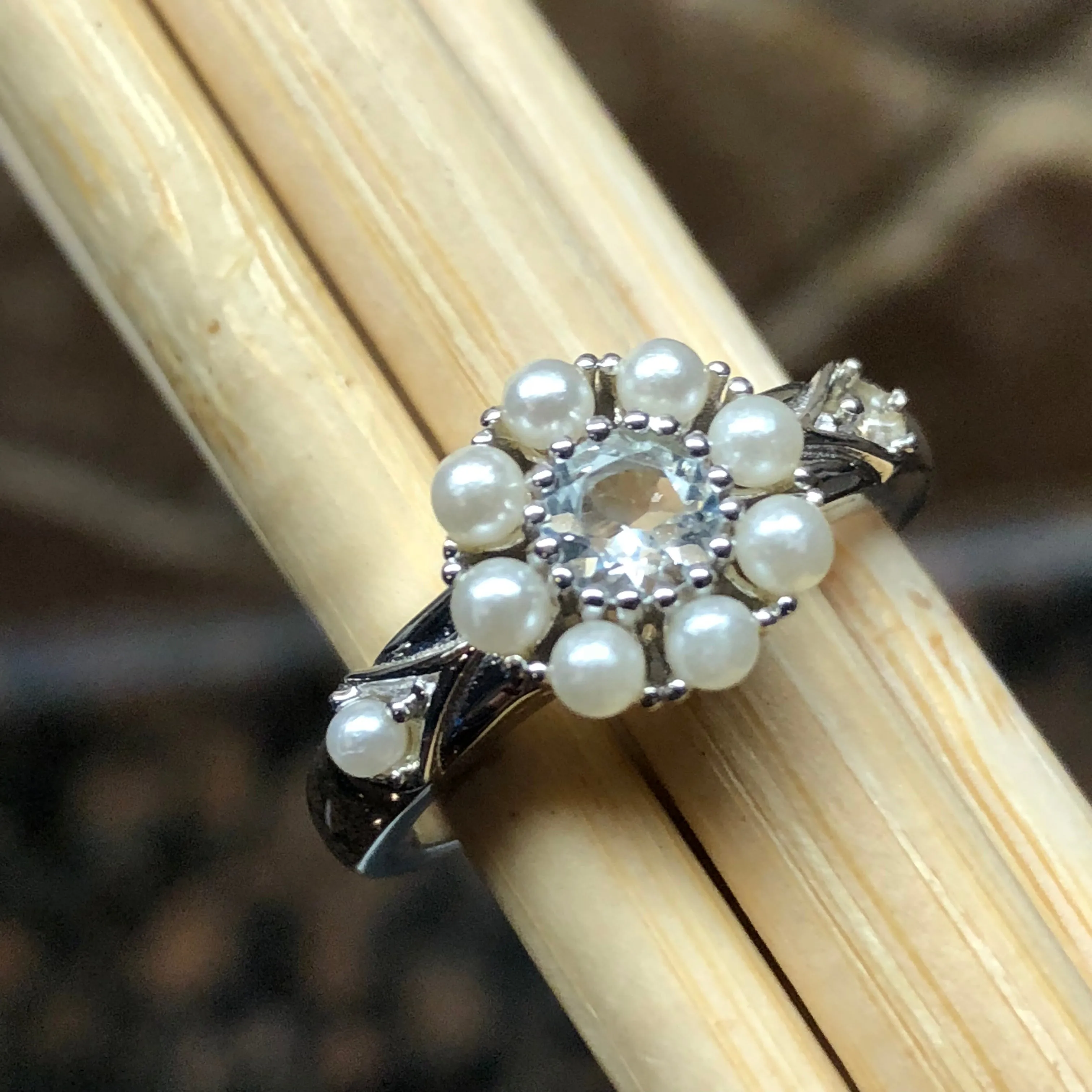Natural Aquamarine, Pearl 925 Solid Sterling Silver Engagement Ring Sz 6, 7, 8, 9