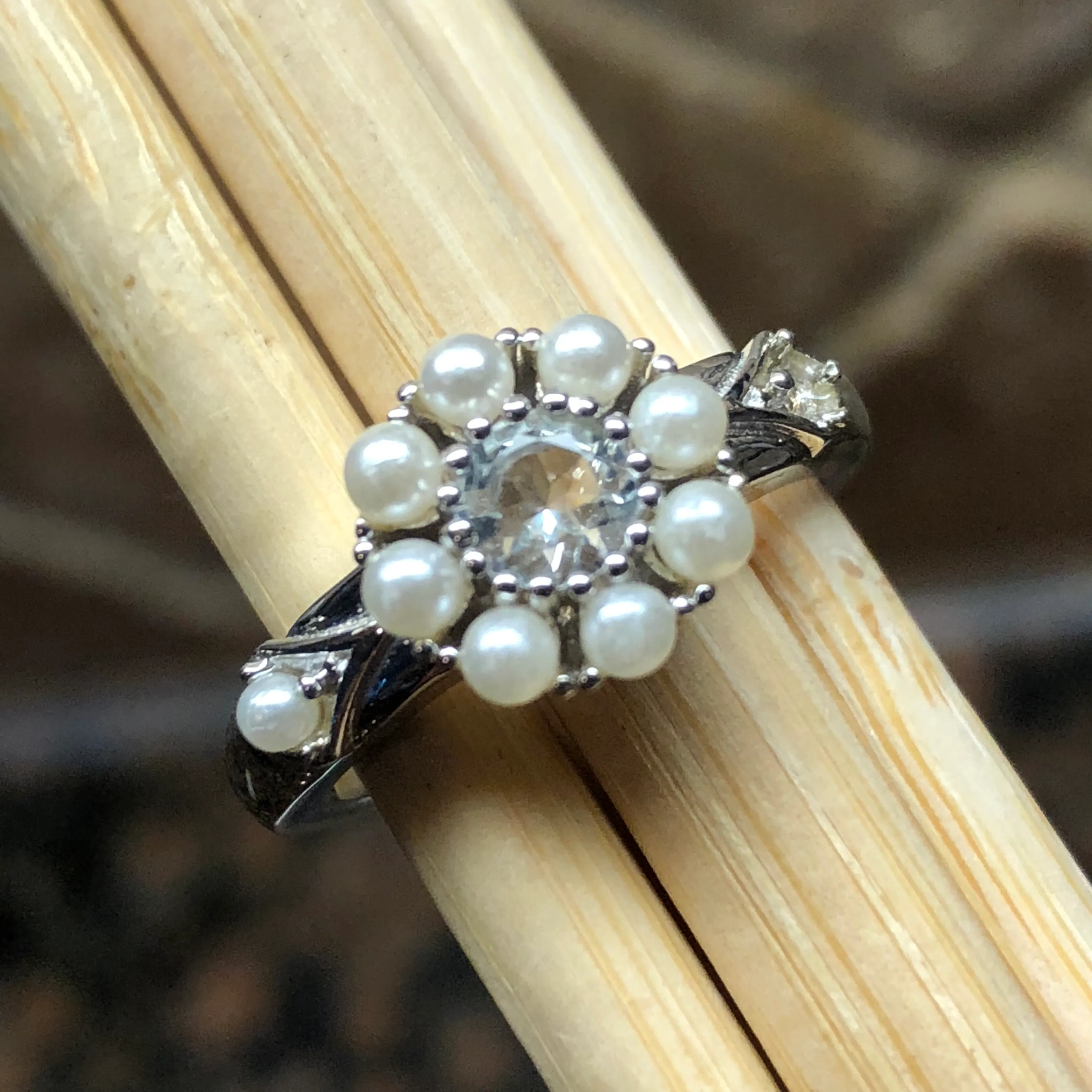 Natural Aquamarine, Pearl 925 Solid Sterling Silver Engagement Ring Sz 6, 7, 8, 9