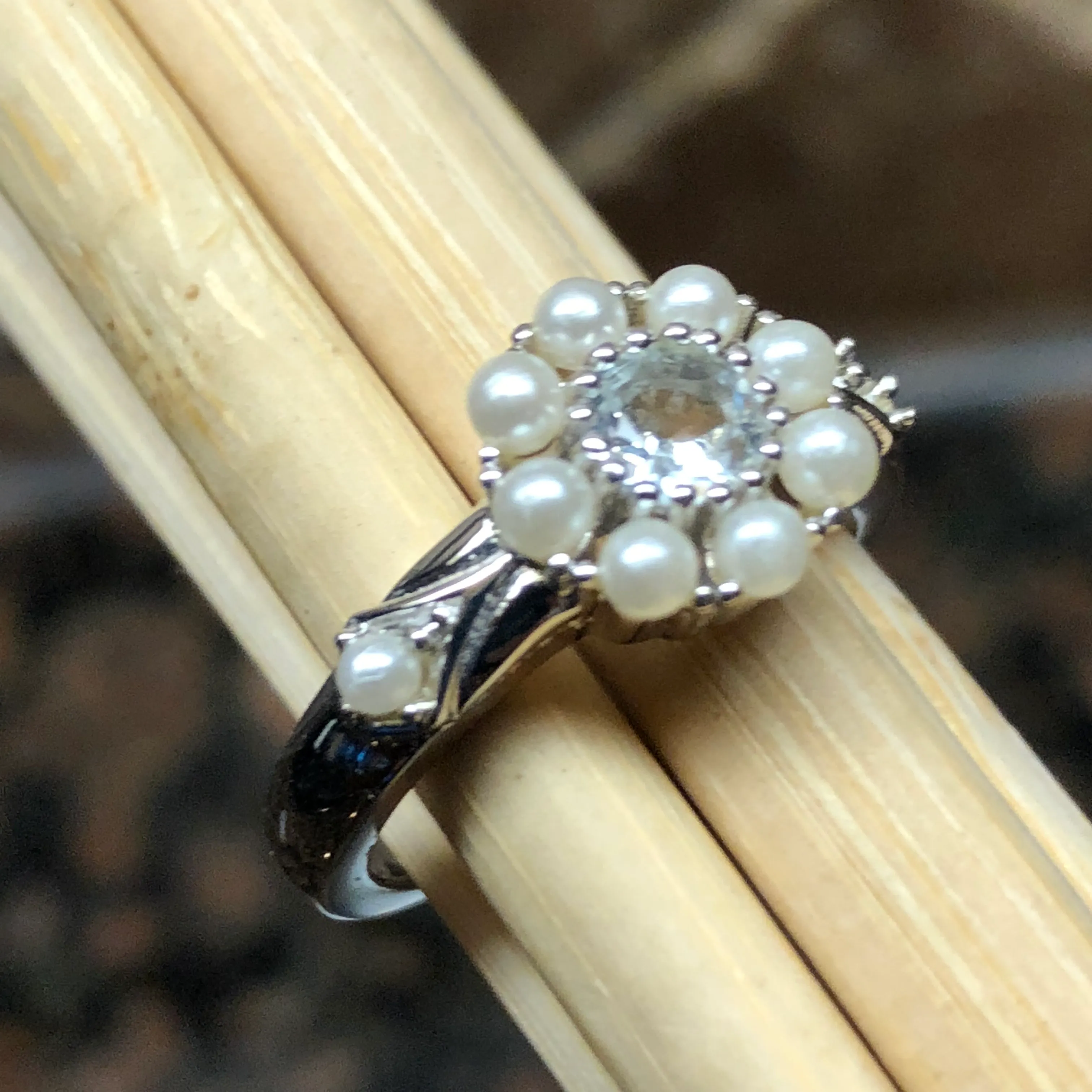 Natural Aquamarine, Pearl 925 Solid Sterling Silver Engagement Ring Sz 6, 7, 8, 9