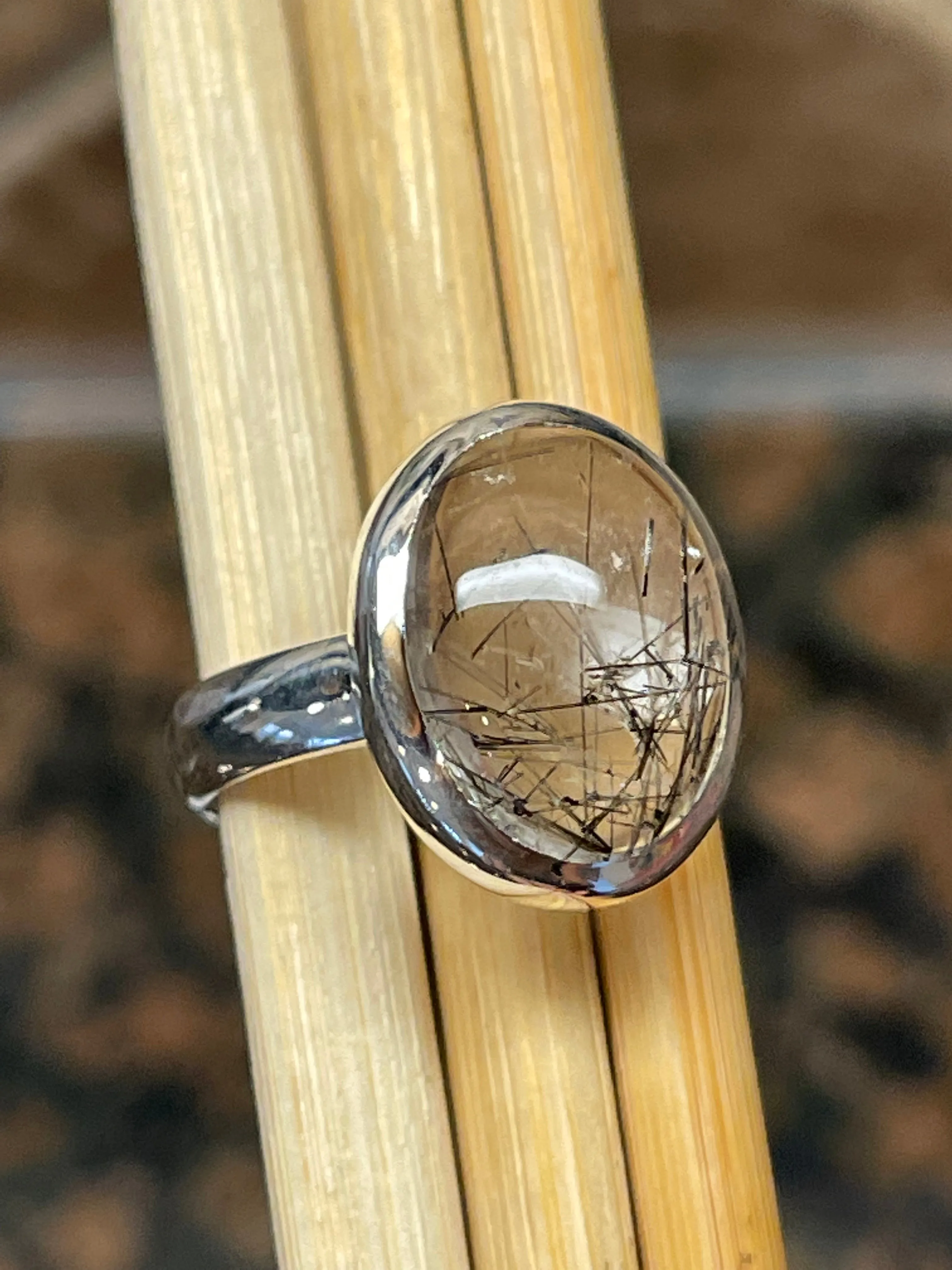 Natural Black Rutilated 925 Solid Sterling Silver Ring Size 7