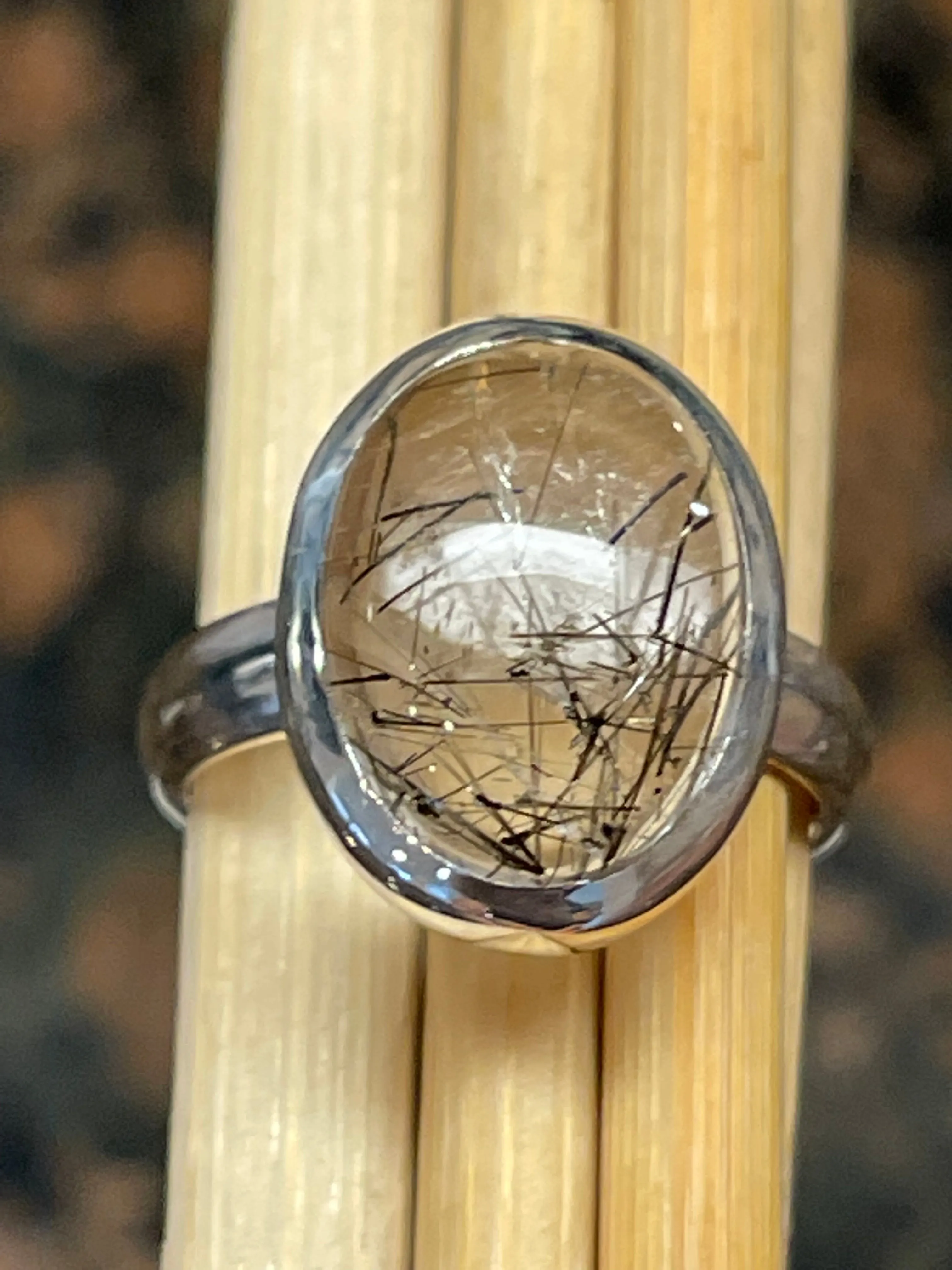Natural Black Rutilated 925 Solid Sterling Silver Ring Size 7