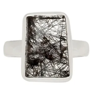 Natural Black Rutilated 925 Solid Sterling Silver Ring Size 8.75