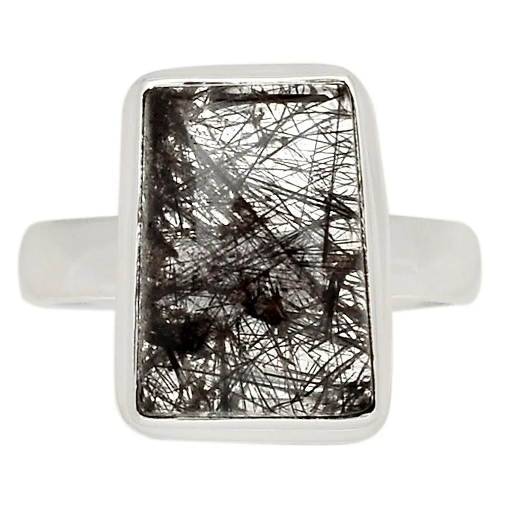 Natural Black Rutilated 925 Solid Sterling Silver Ring Size 8.75