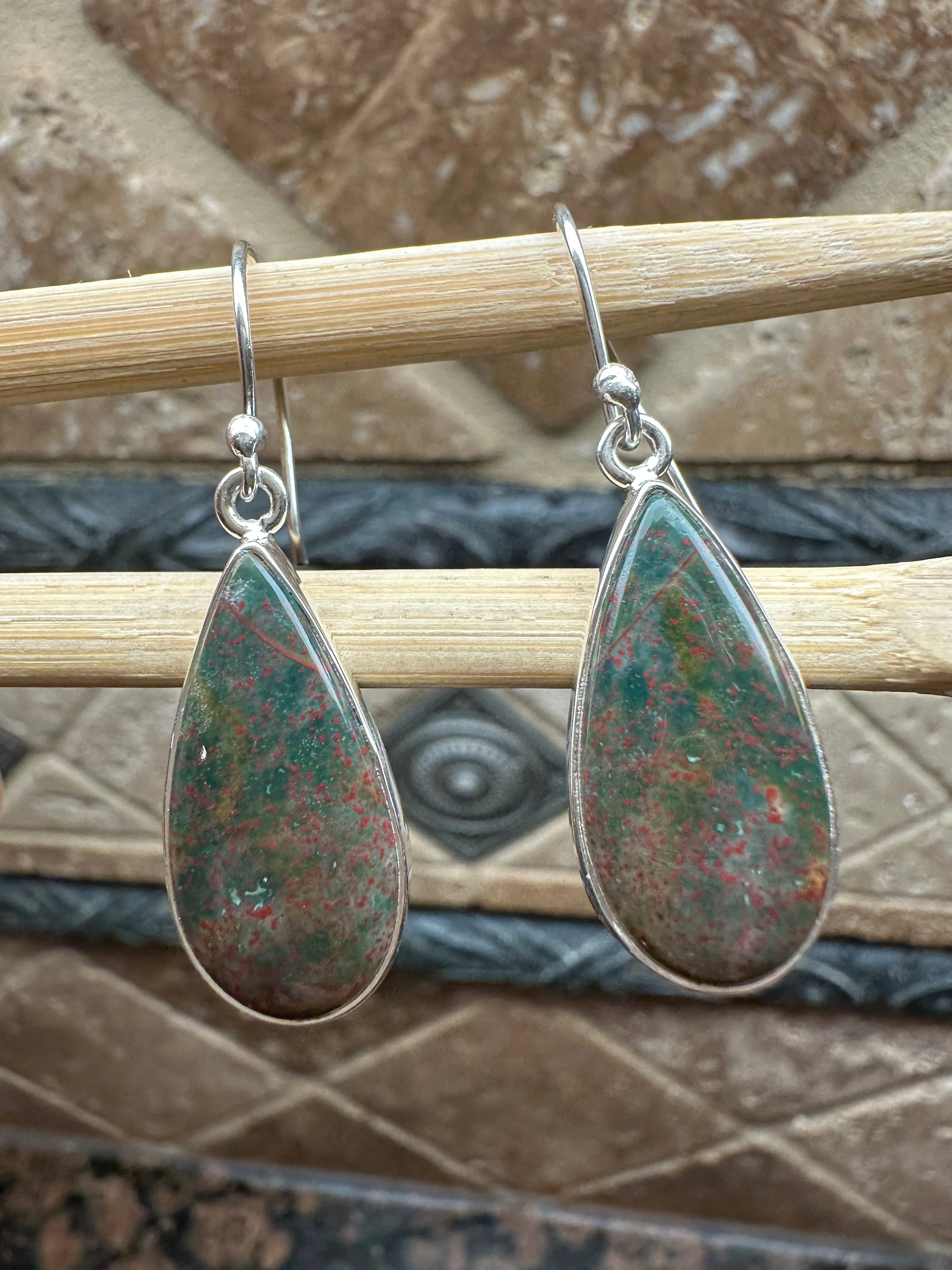 Natural Bloodstone 925 Solid Sterling Silver Earrings 40mm