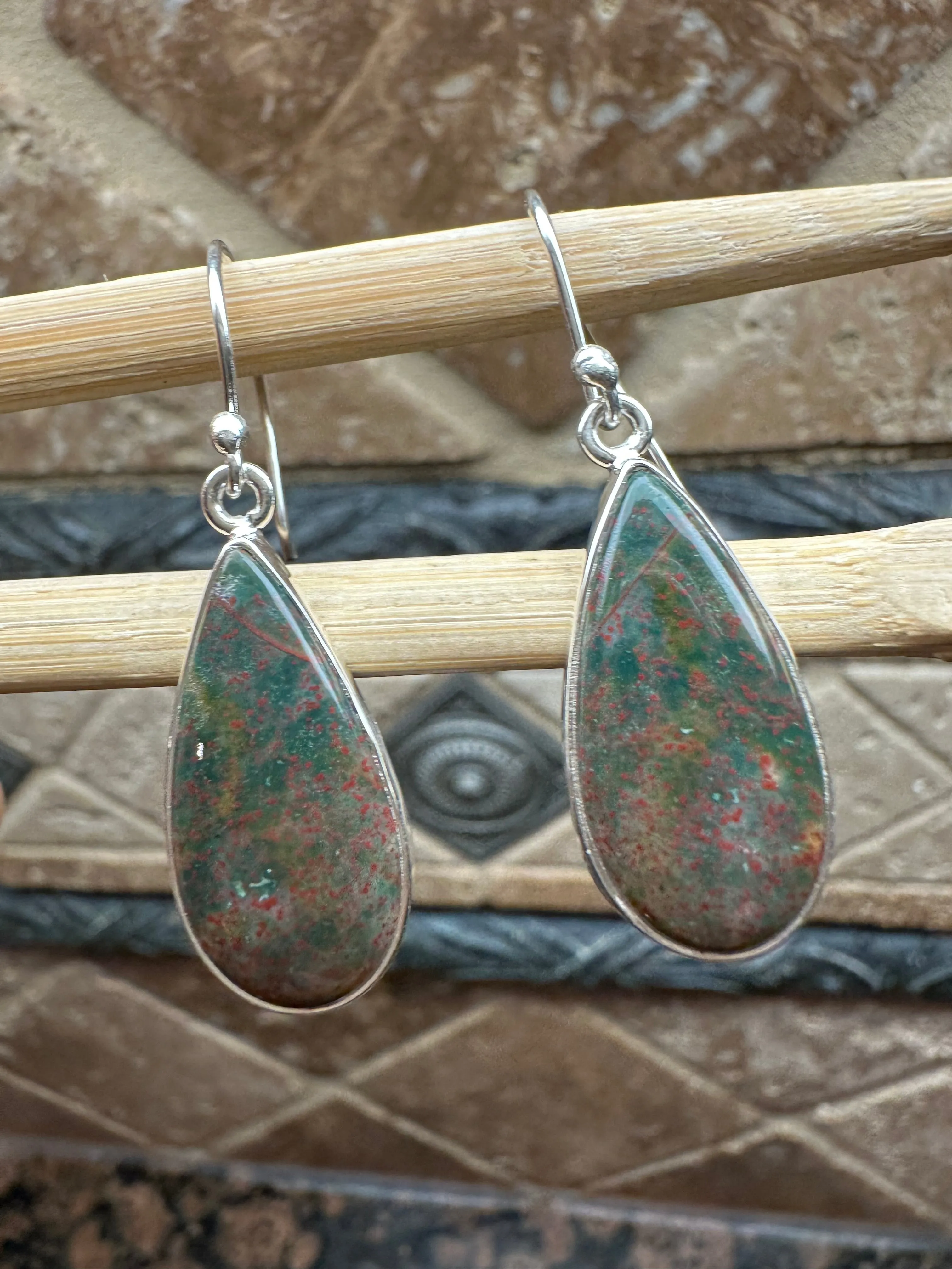Natural Bloodstone 925 Solid Sterling Silver Earrings 40mm