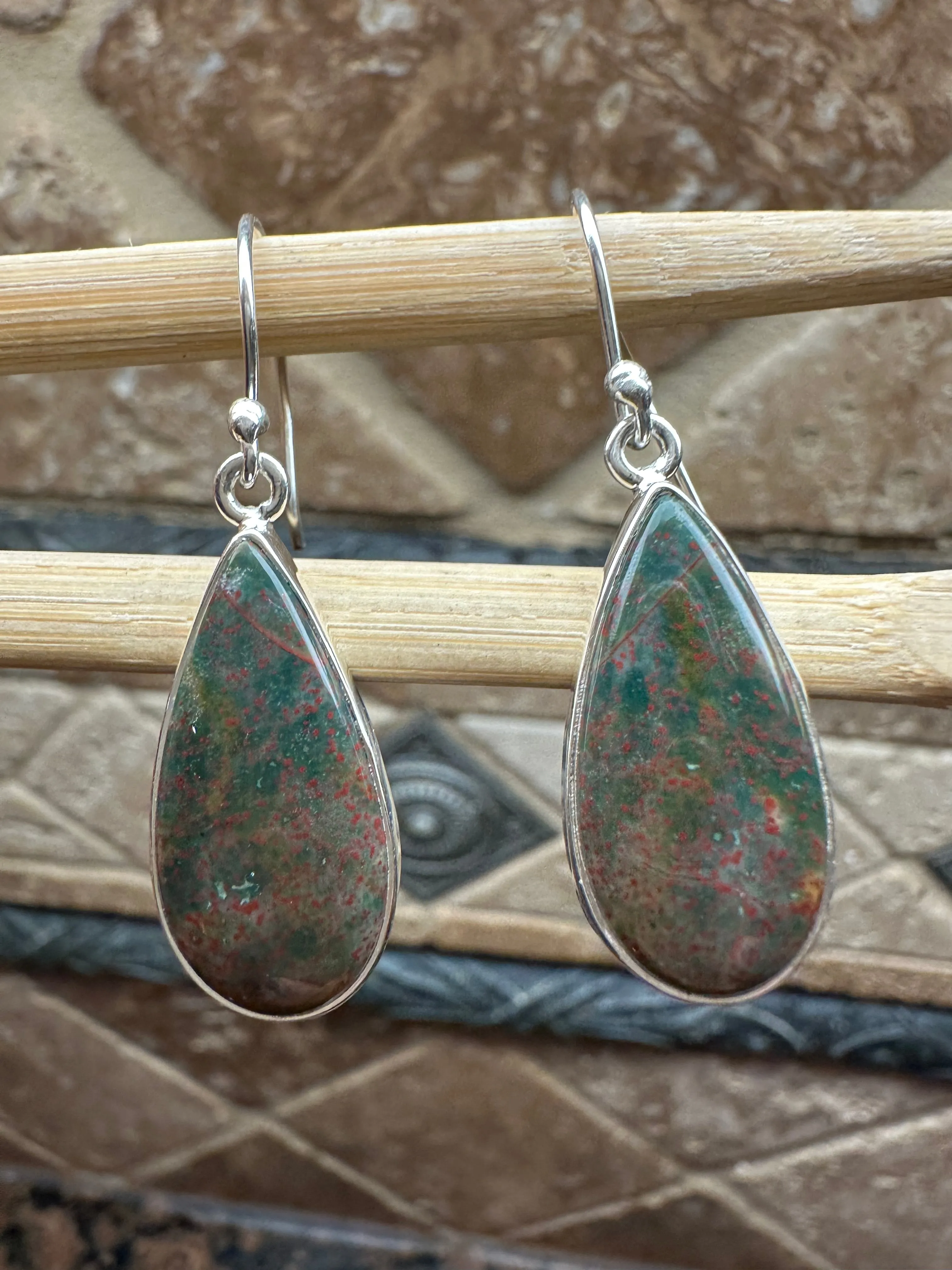Natural Bloodstone 925 Solid Sterling Silver Earrings 40mm