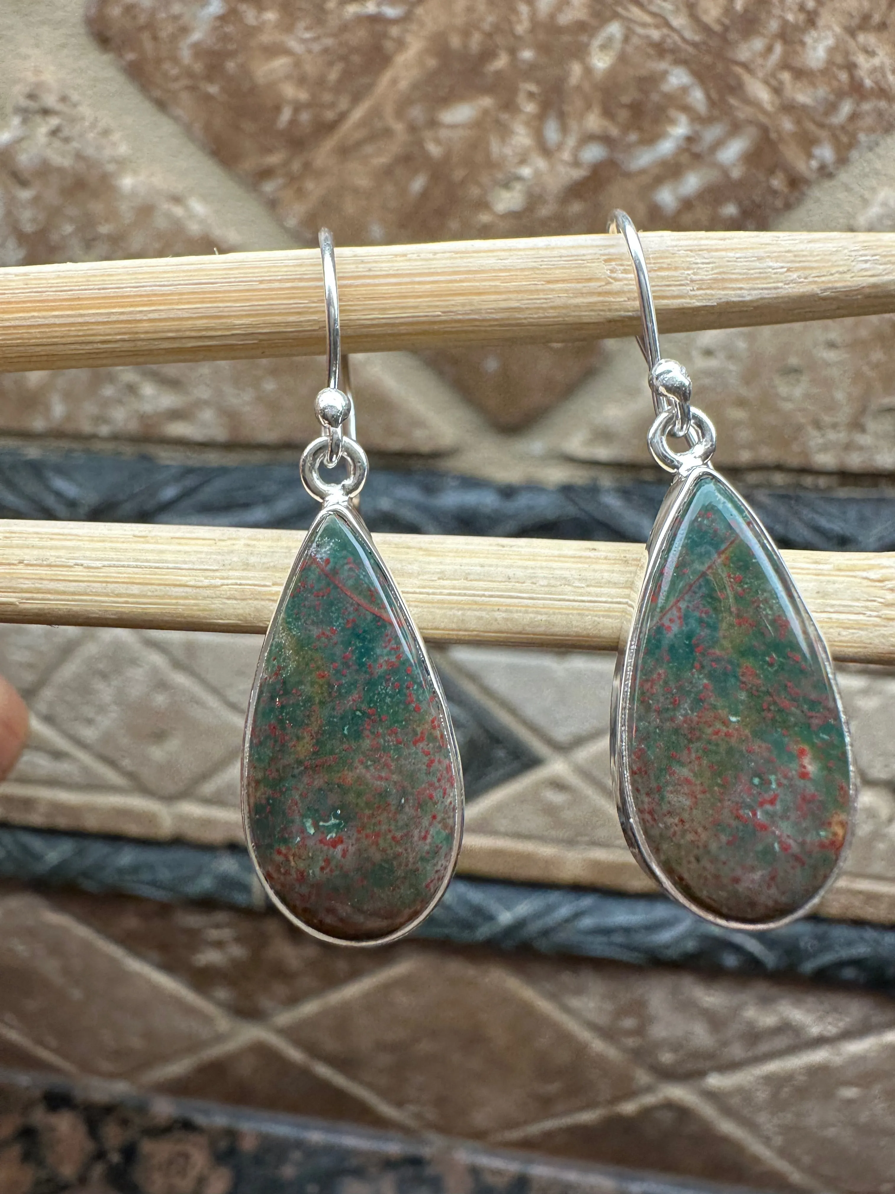 Natural Bloodstone 925 Solid Sterling Silver Earrings 40mm
