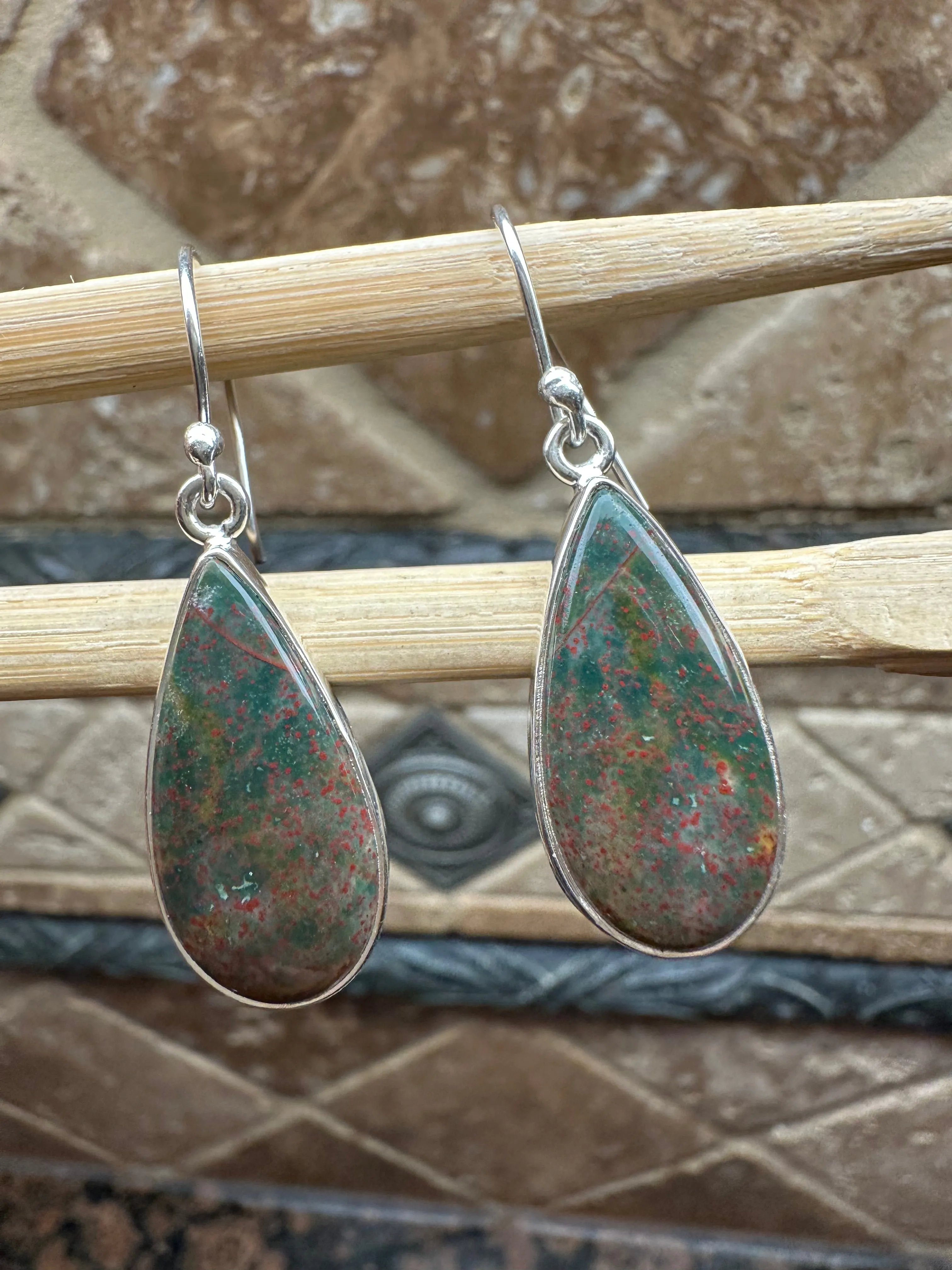 Natural Bloodstone 925 Solid Sterling Silver Earrings 40mm