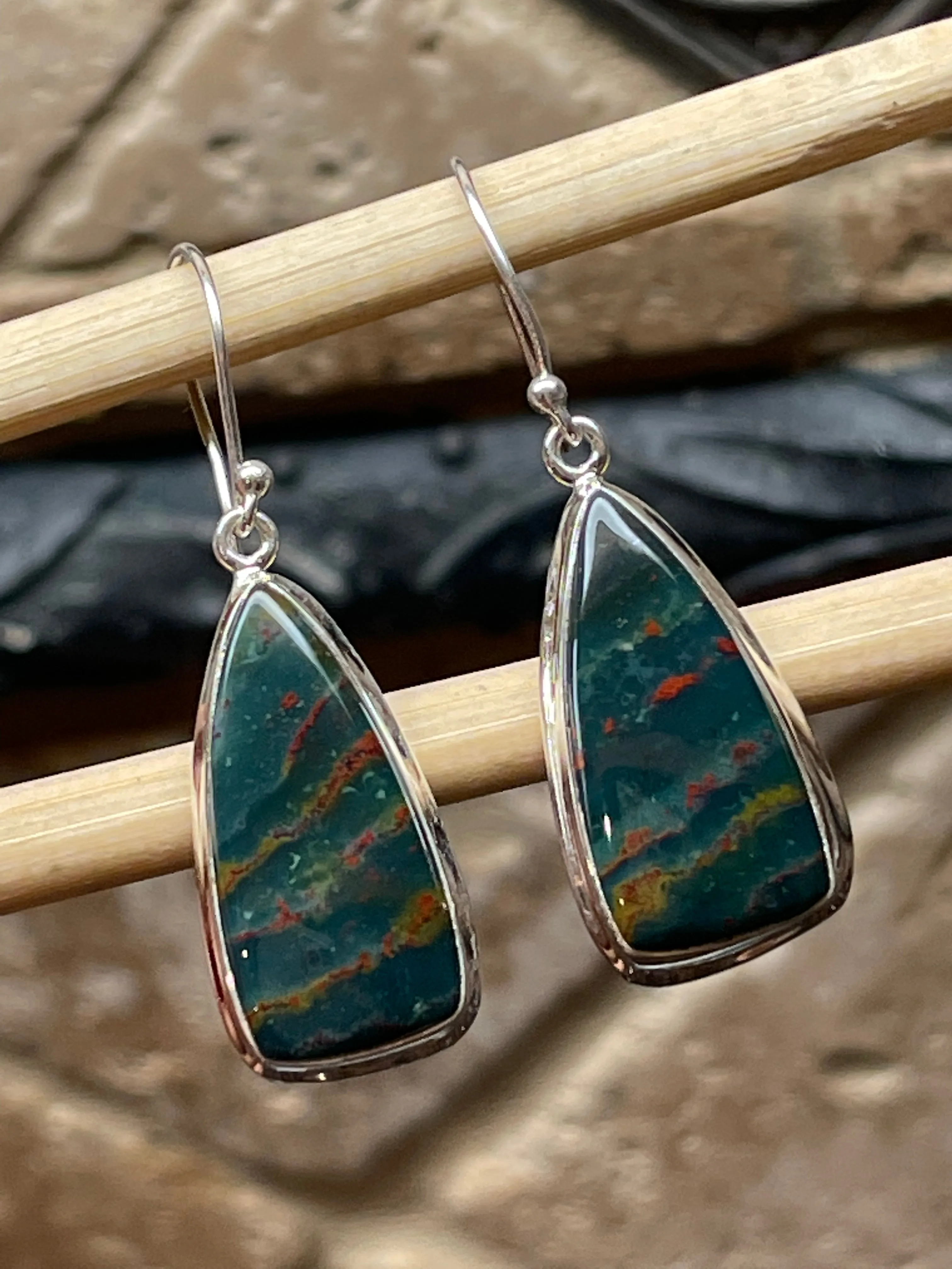 Natural Bloodstone 925 Solid Sterling Silver Earrings 40mm
