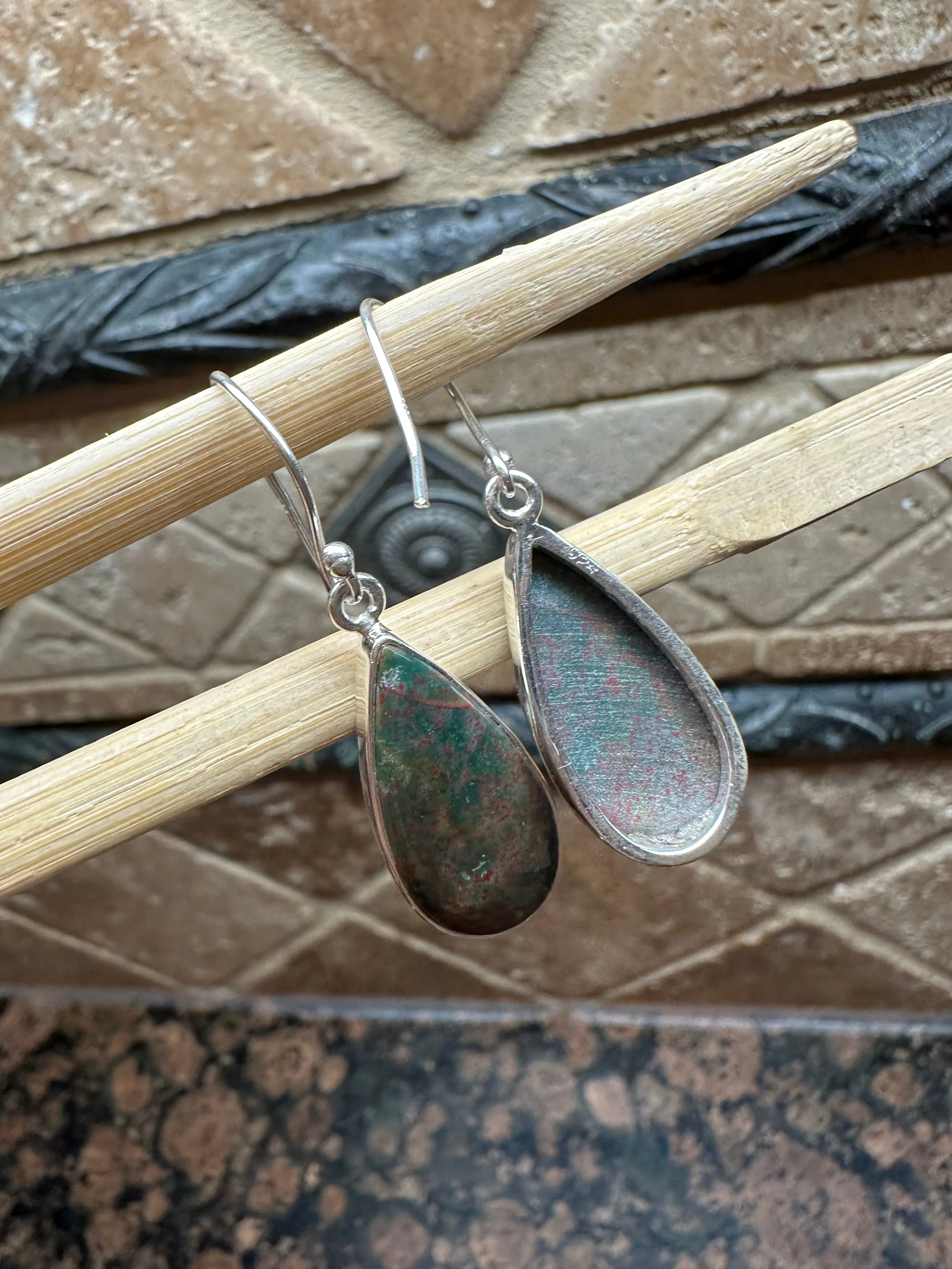 Natural Bloodstone 925 Solid Sterling Silver Earrings 40mm