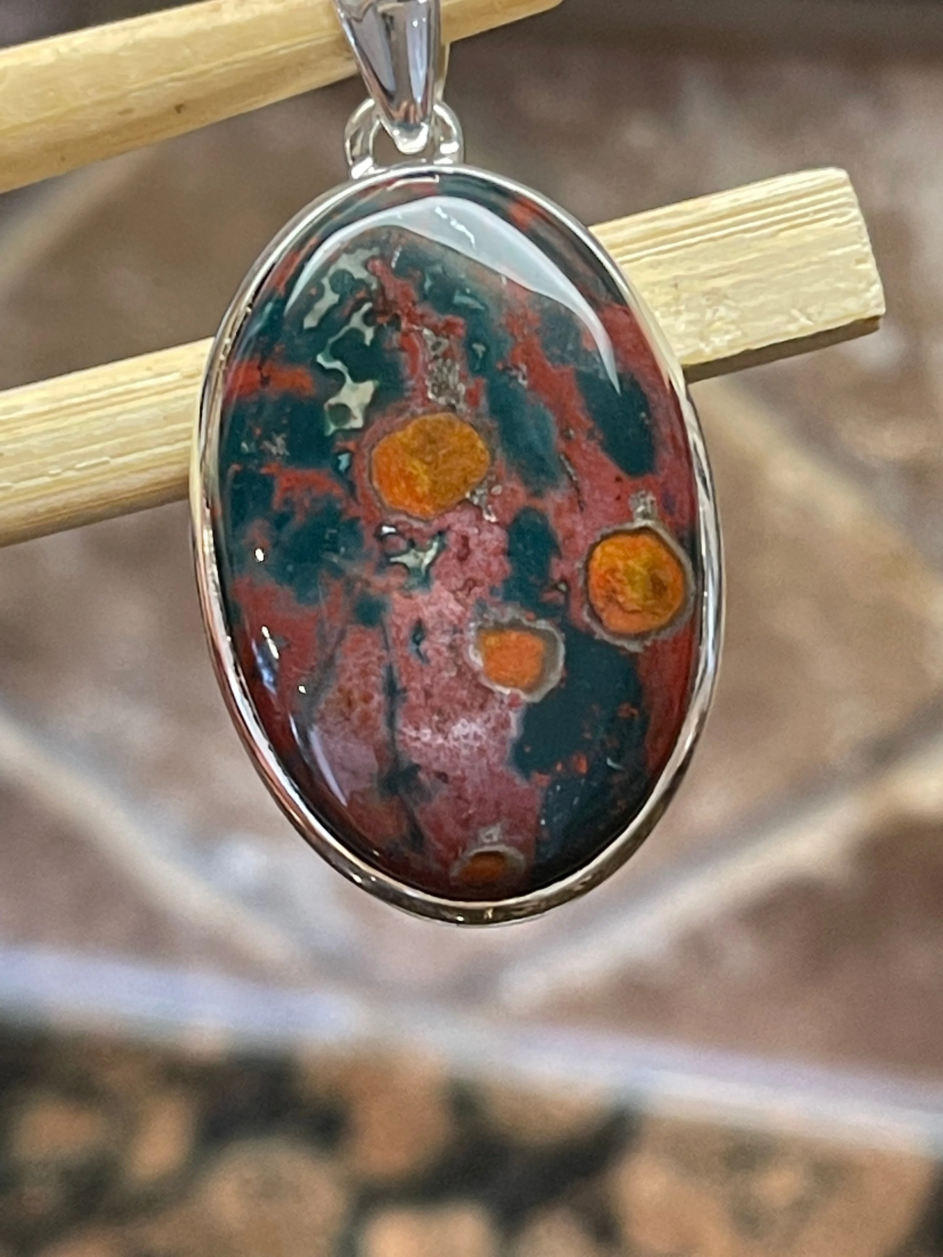 Natural Bloodstone, Heliotrope 925 Solid Sterling Silver Pendant 40mm