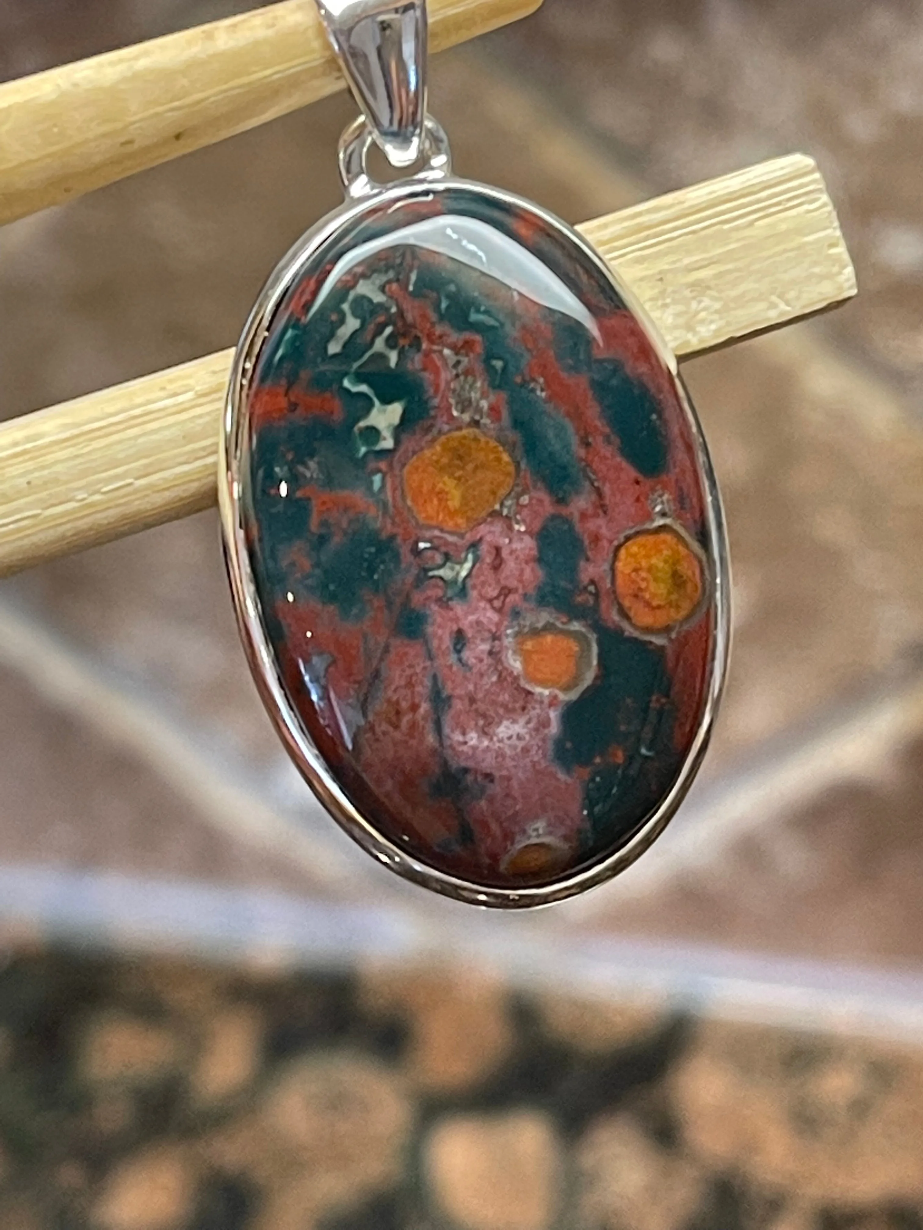 Natural Bloodstone, Heliotrope 925 Solid Sterling Silver Pendant 40mm