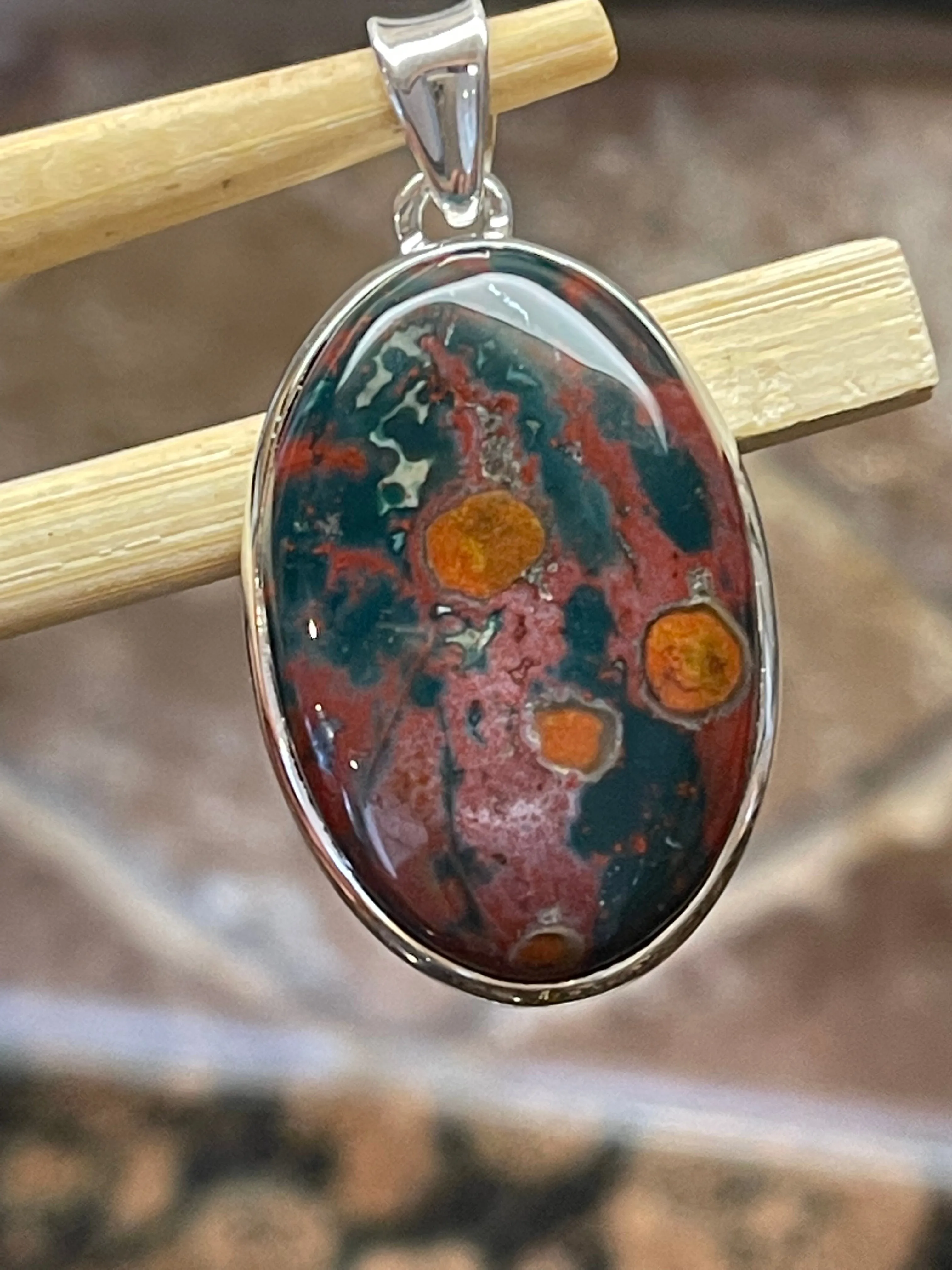 Natural Bloodstone, Heliotrope 925 Solid Sterling Silver Pendant 40mm