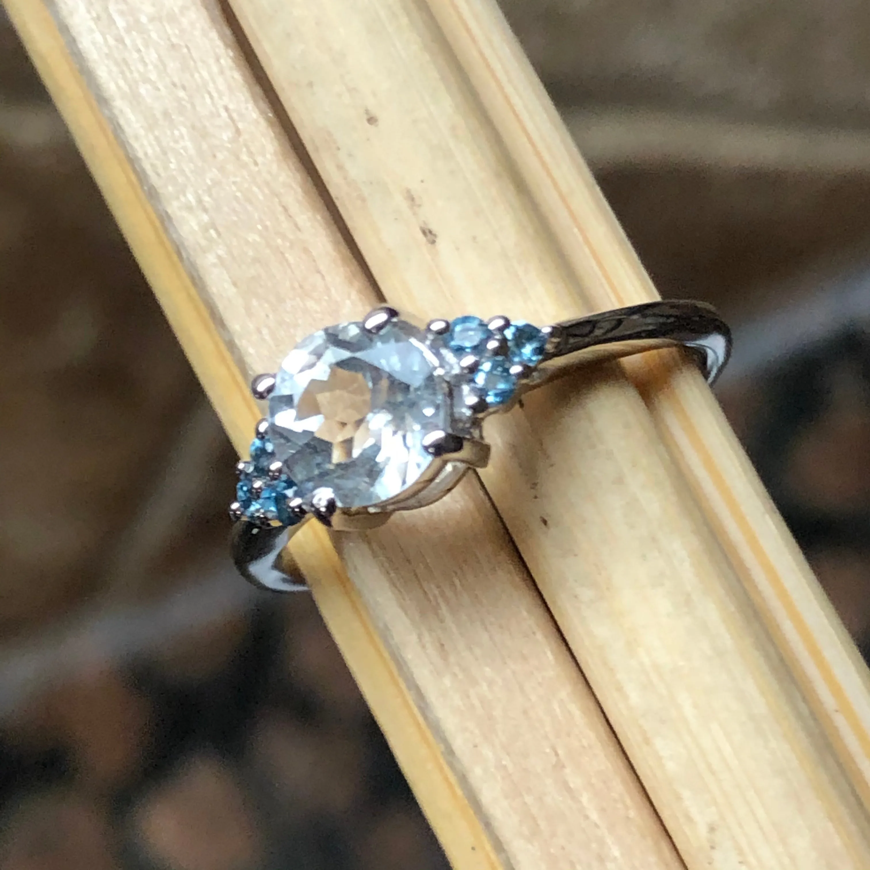 Natural Blue Aquamarine, Blue Topaz 925 Solid Sterling Silver Engagement Ring Size 6, 7, 8, 9