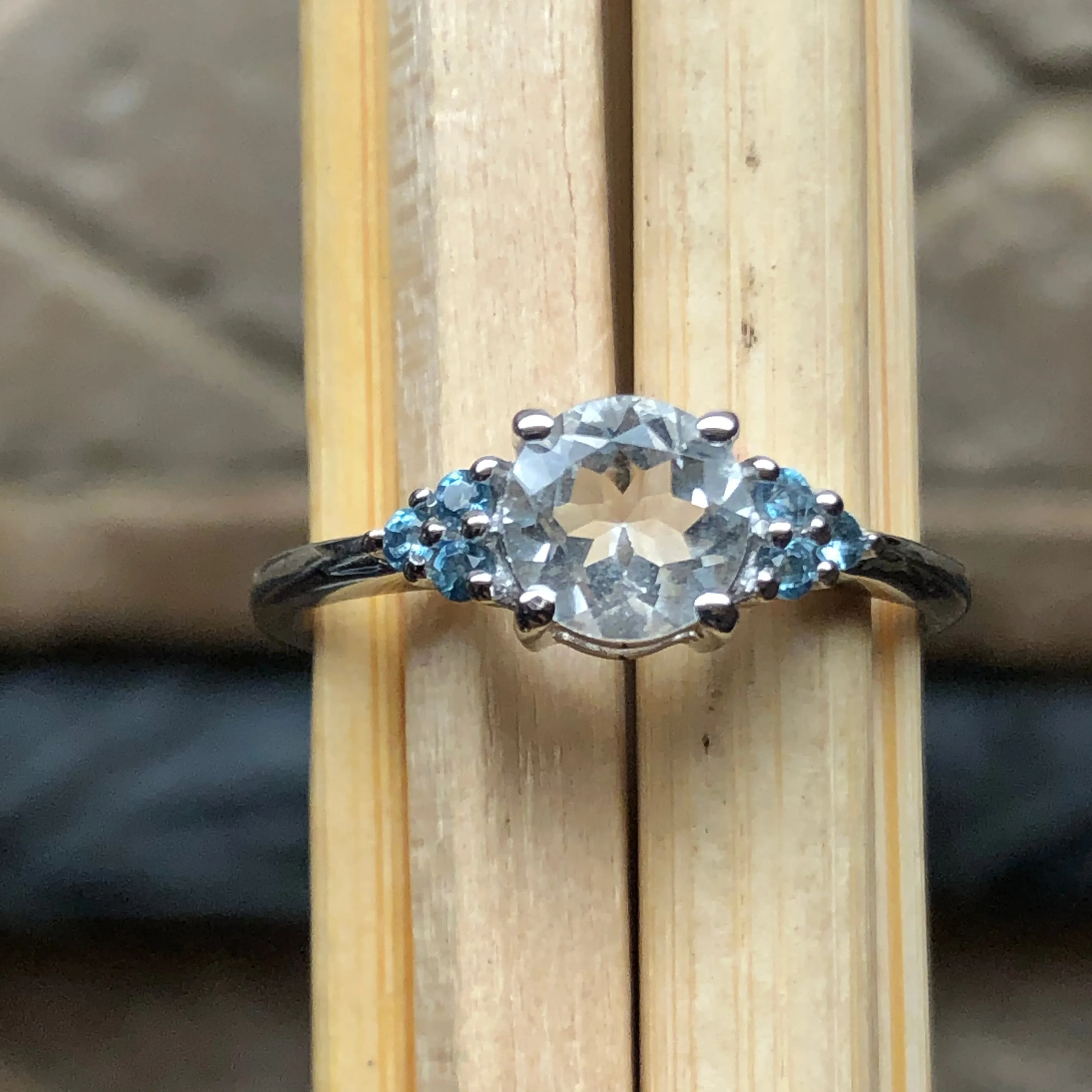 Natural Blue Aquamarine, Blue Topaz 925 Solid Sterling Silver Engagement Ring Size 6, 7, 8, 9