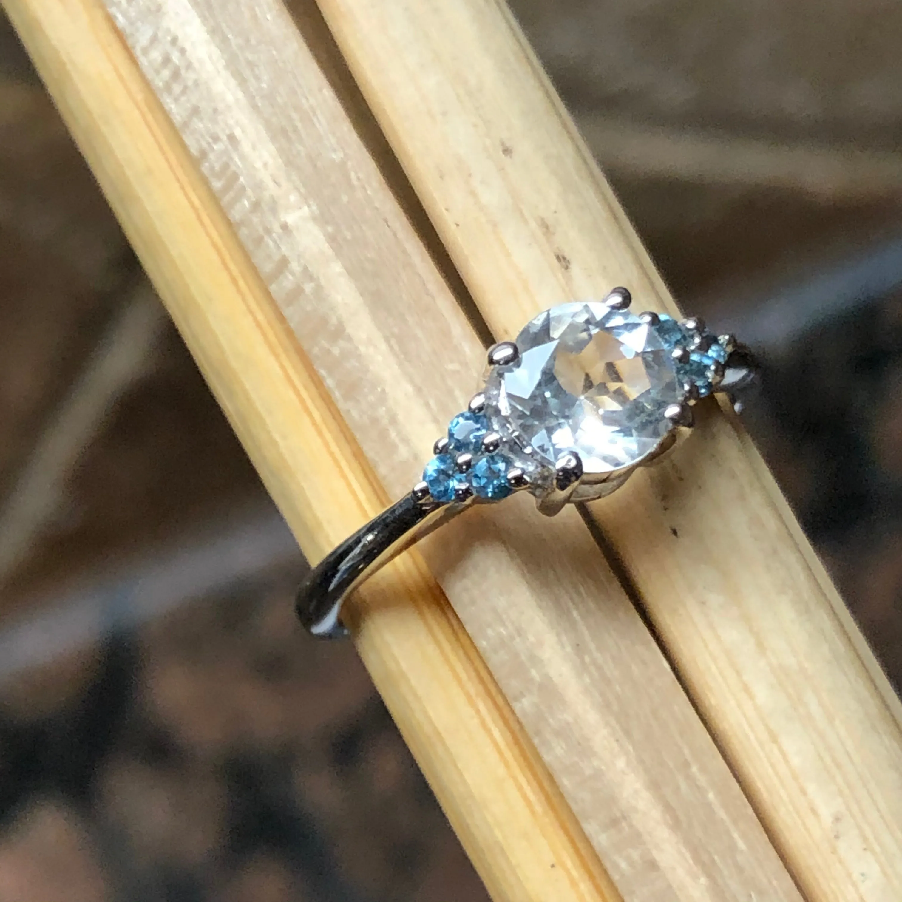 Natural Blue Aquamarine, Blue Topaz 925 Solid Sterling Silver Engagement Ring Size 6, 7, 8, 9