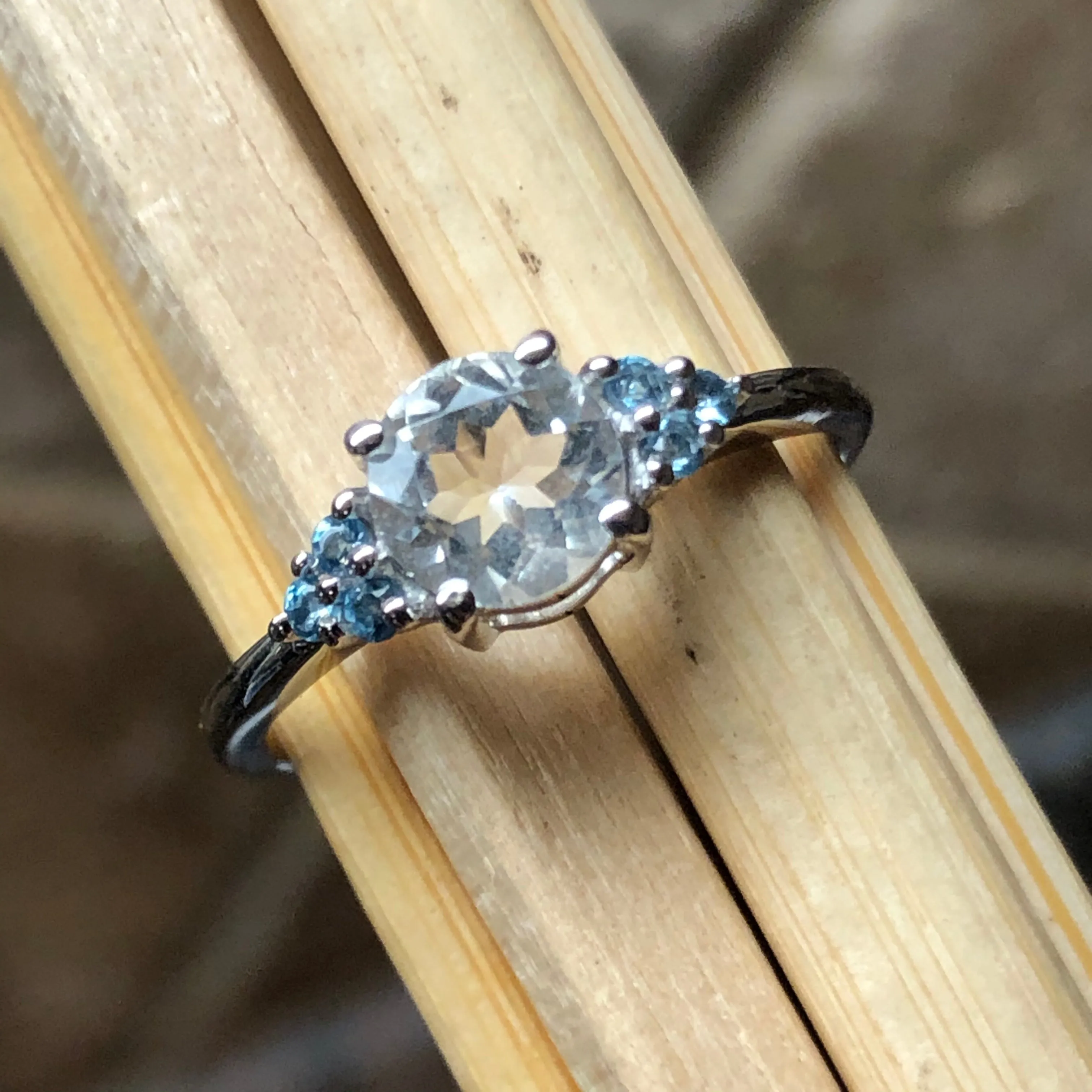 Natural Blue Aquamarine, Blue Topaz 925 Solid Sterling Silver Engagement Ring Size 6, 7, 8, 9