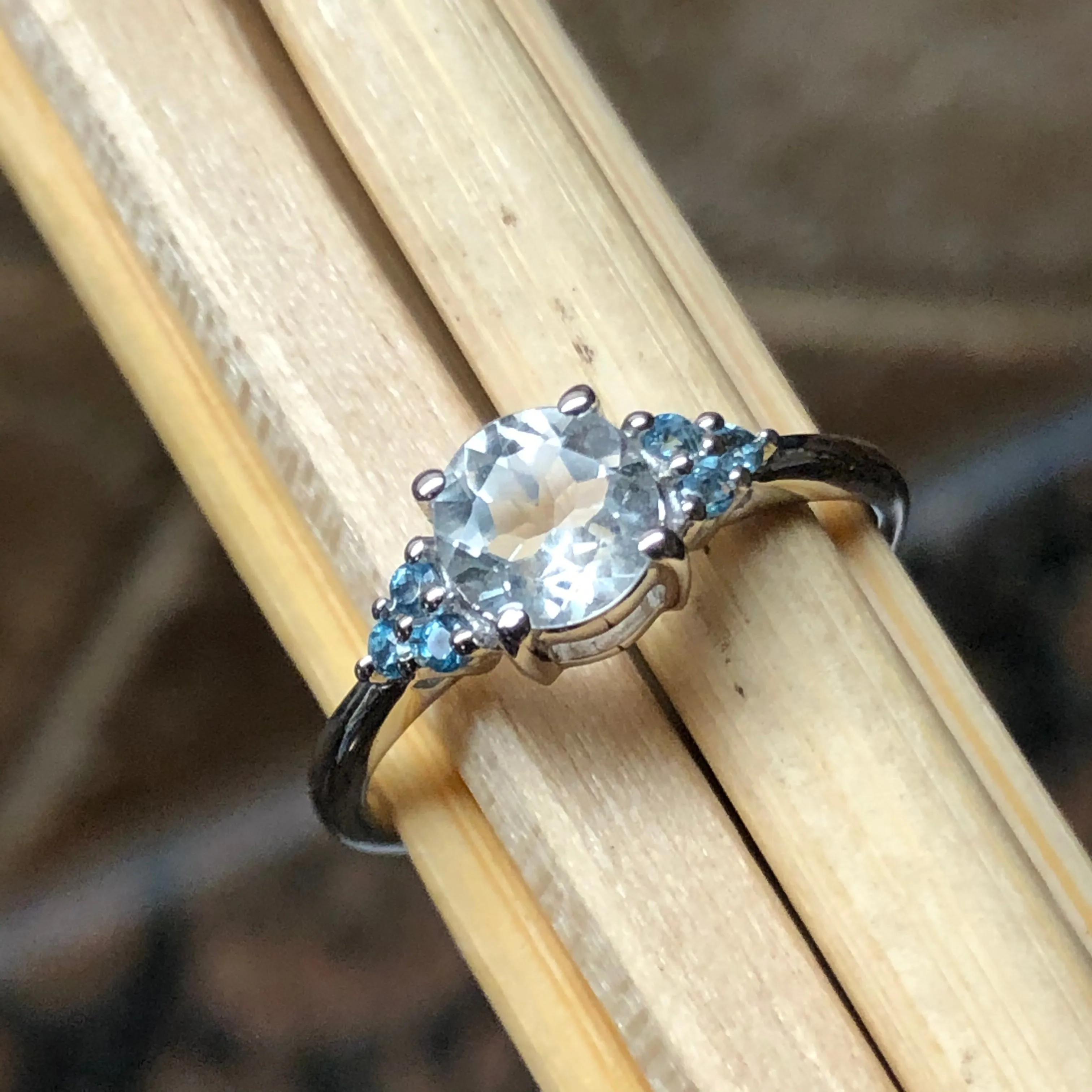 Natural Blue Aquamarine, Blue Topaz 925 Solid Sterling Silver Engagement Ring Size 6, 7, 8, 9