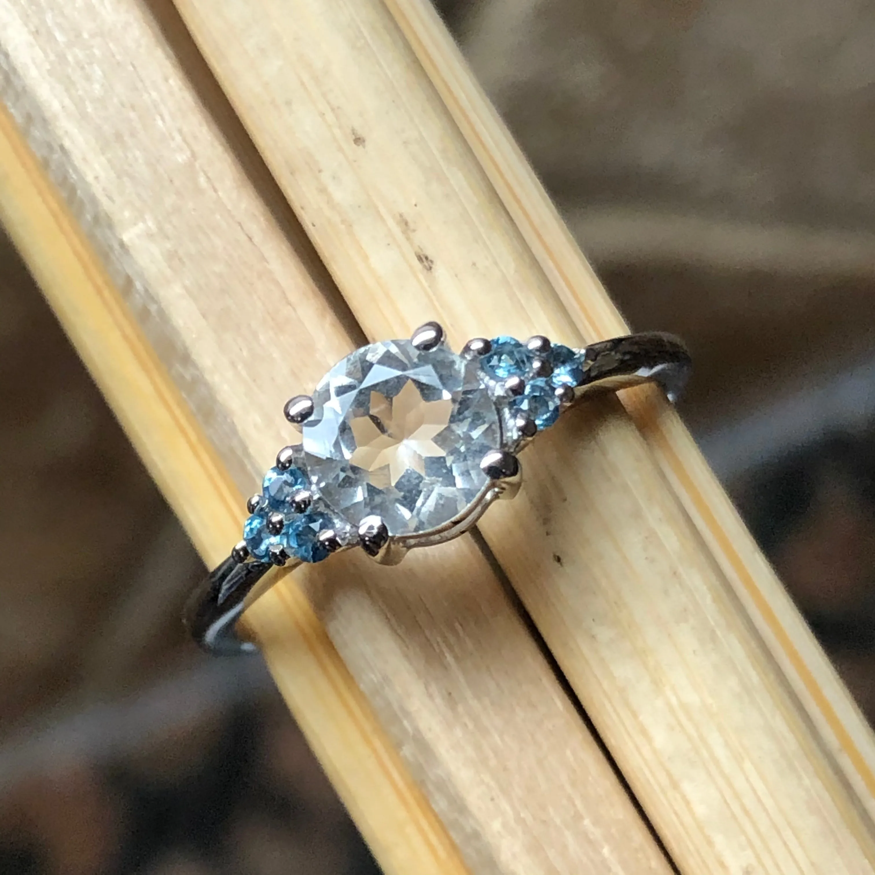 Natural Blue Aquamarine, Blue Topaz 925 Solid Sterling Silver Engagement Ring Size 6, 7, 8, 9