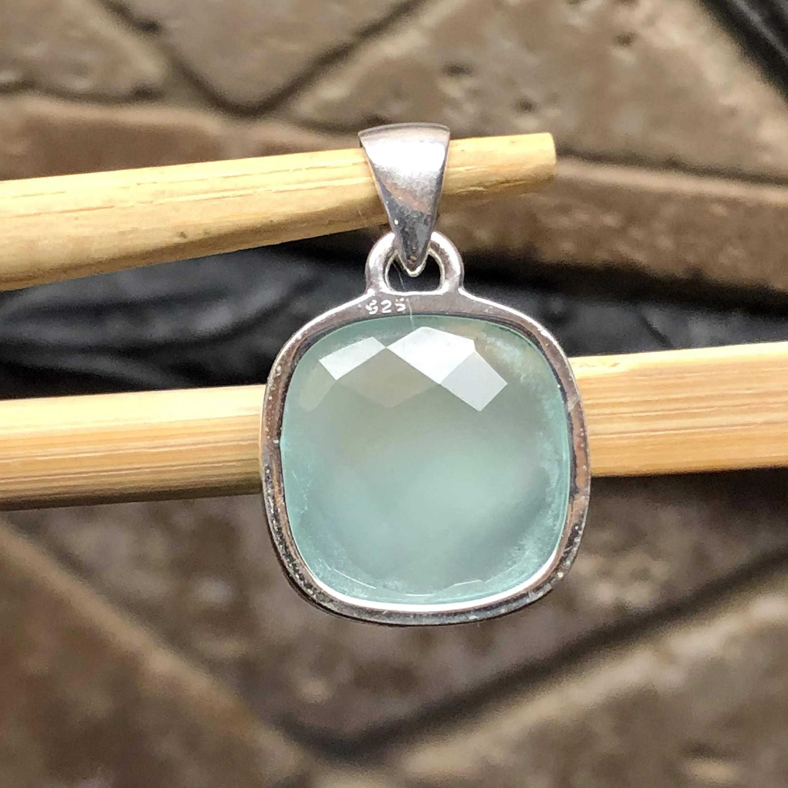 Natural Blue Chalcedony 925 Solid Sterling Silver Pendant 25mm