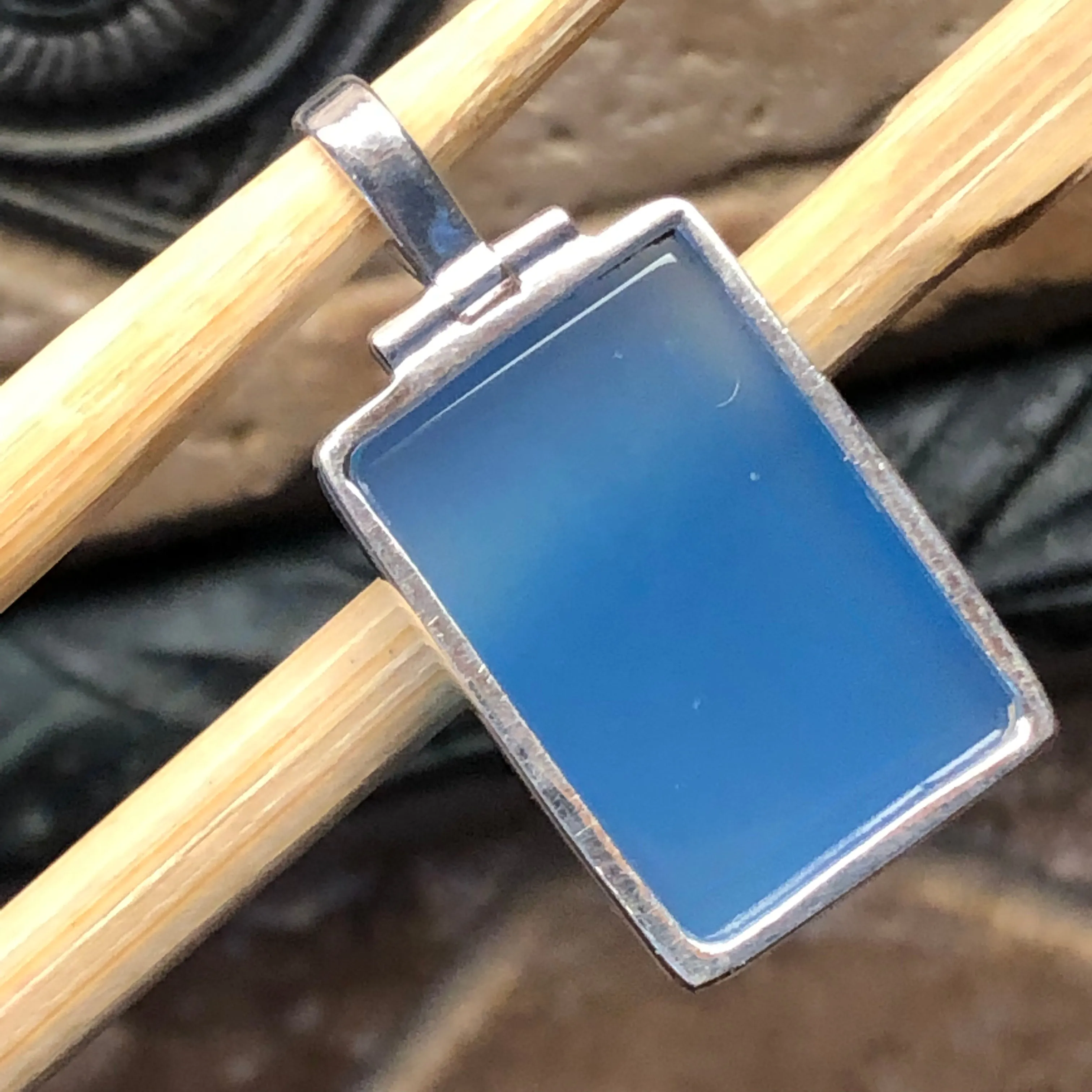 Natural Blue Chalcedony 925 Solid Sterling Silver Pendant 35mm