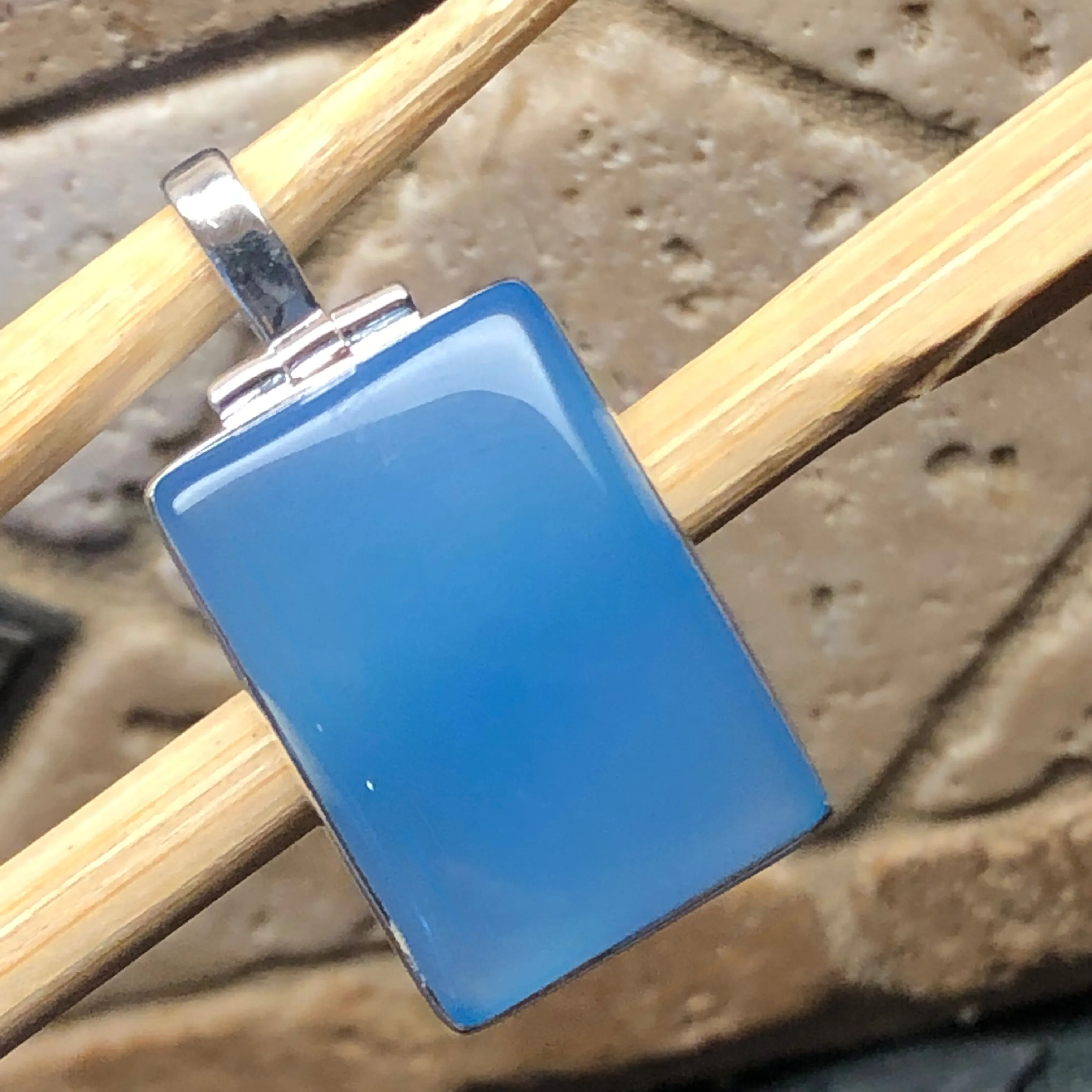 Natural Blue Chalcedony 925 Solid Sterling Silver Pendant 35mm