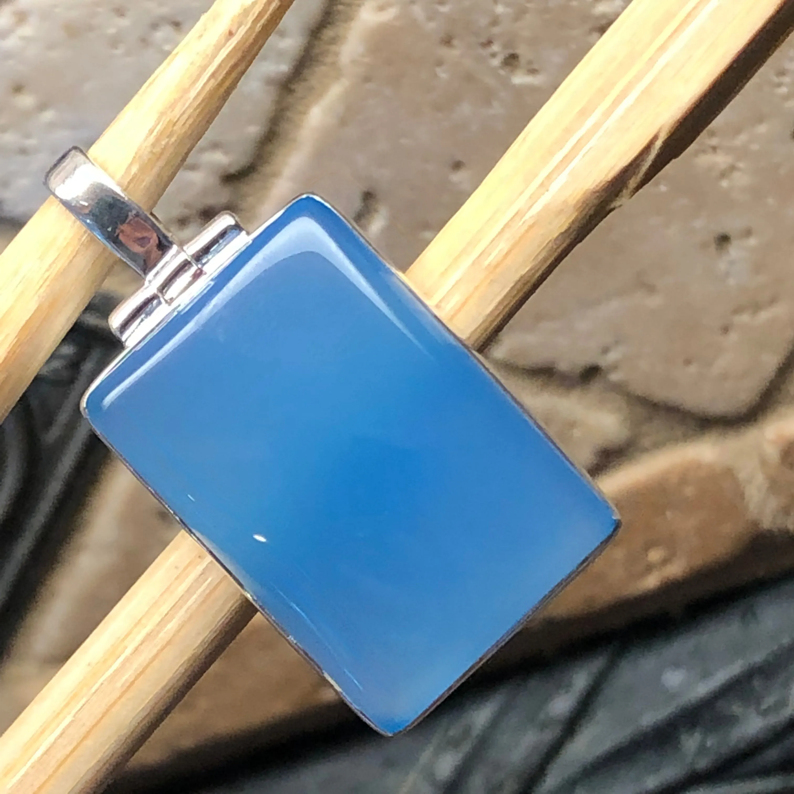Natural Blue Chalcedony 925 Solid Sterling Silver Pendant 35mm