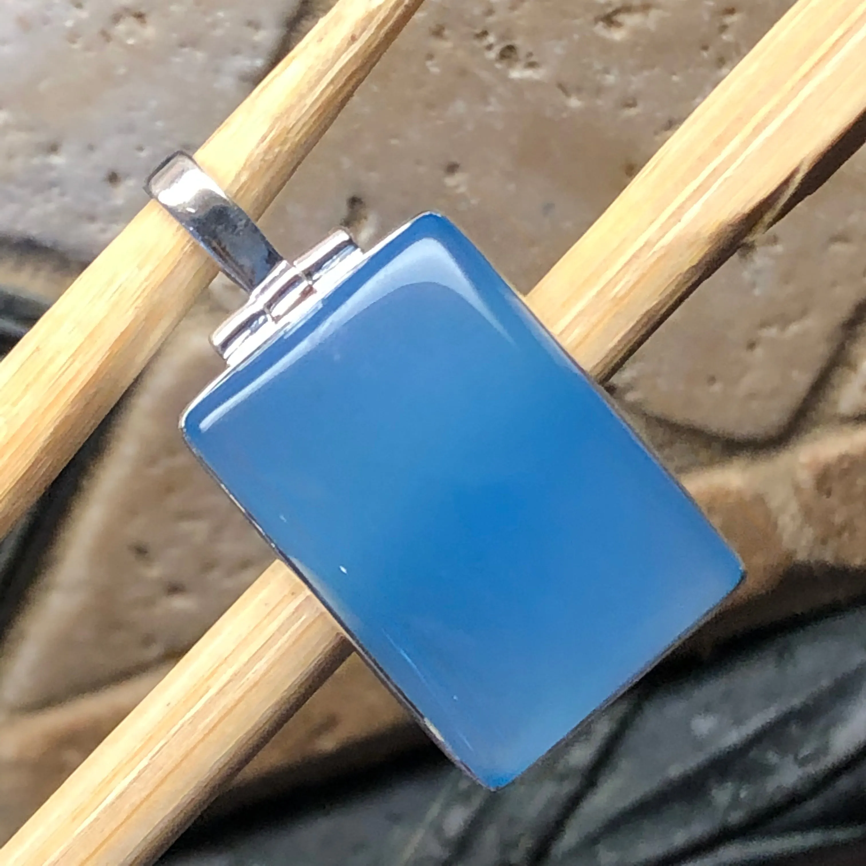 Natural Blue Chalcedony 925 Solid Sterling Silver Pendant 35mm
