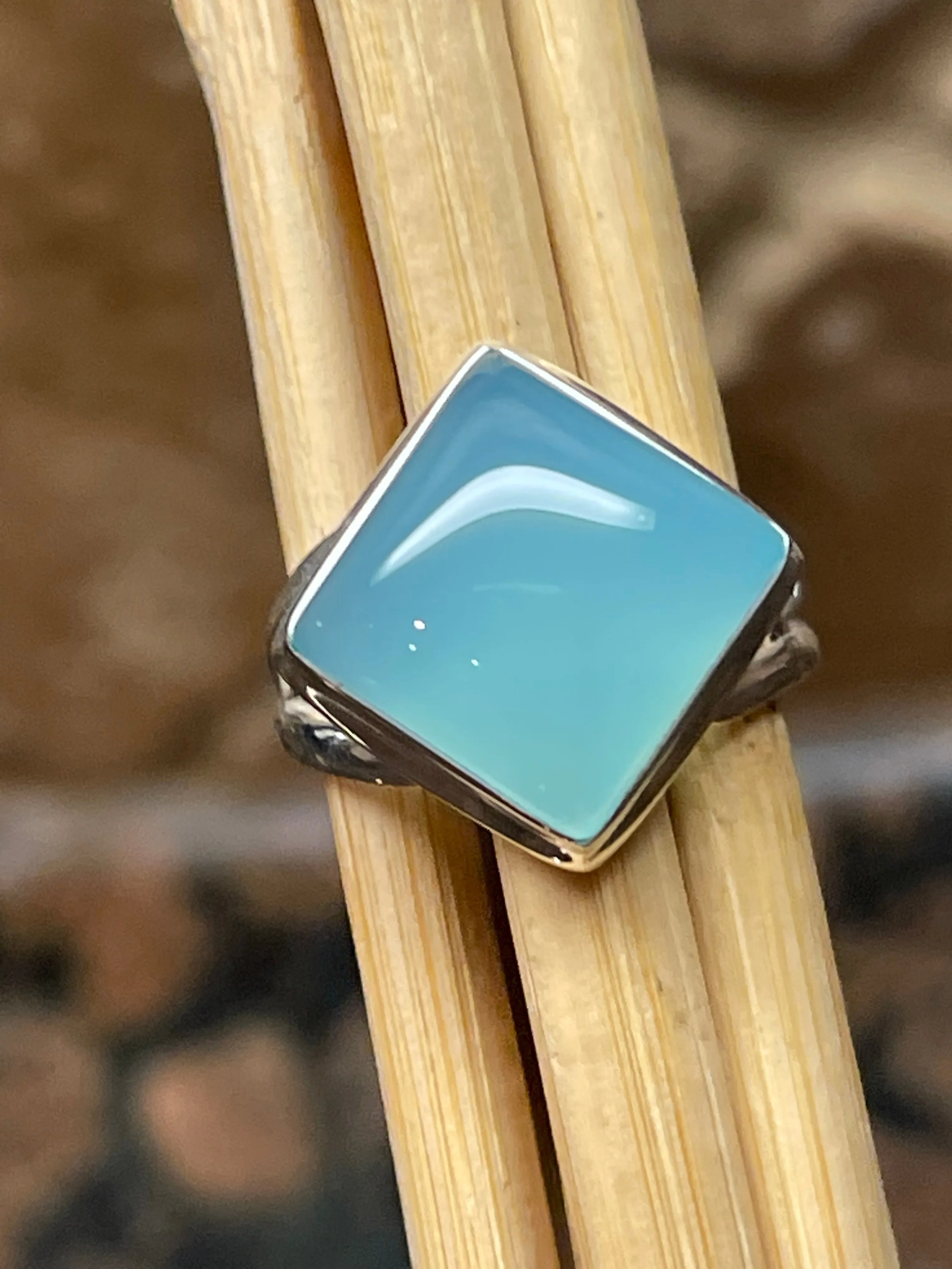 Natural Blue Chalcedony 925 Solid Sterling Silver Ring Size 10.75