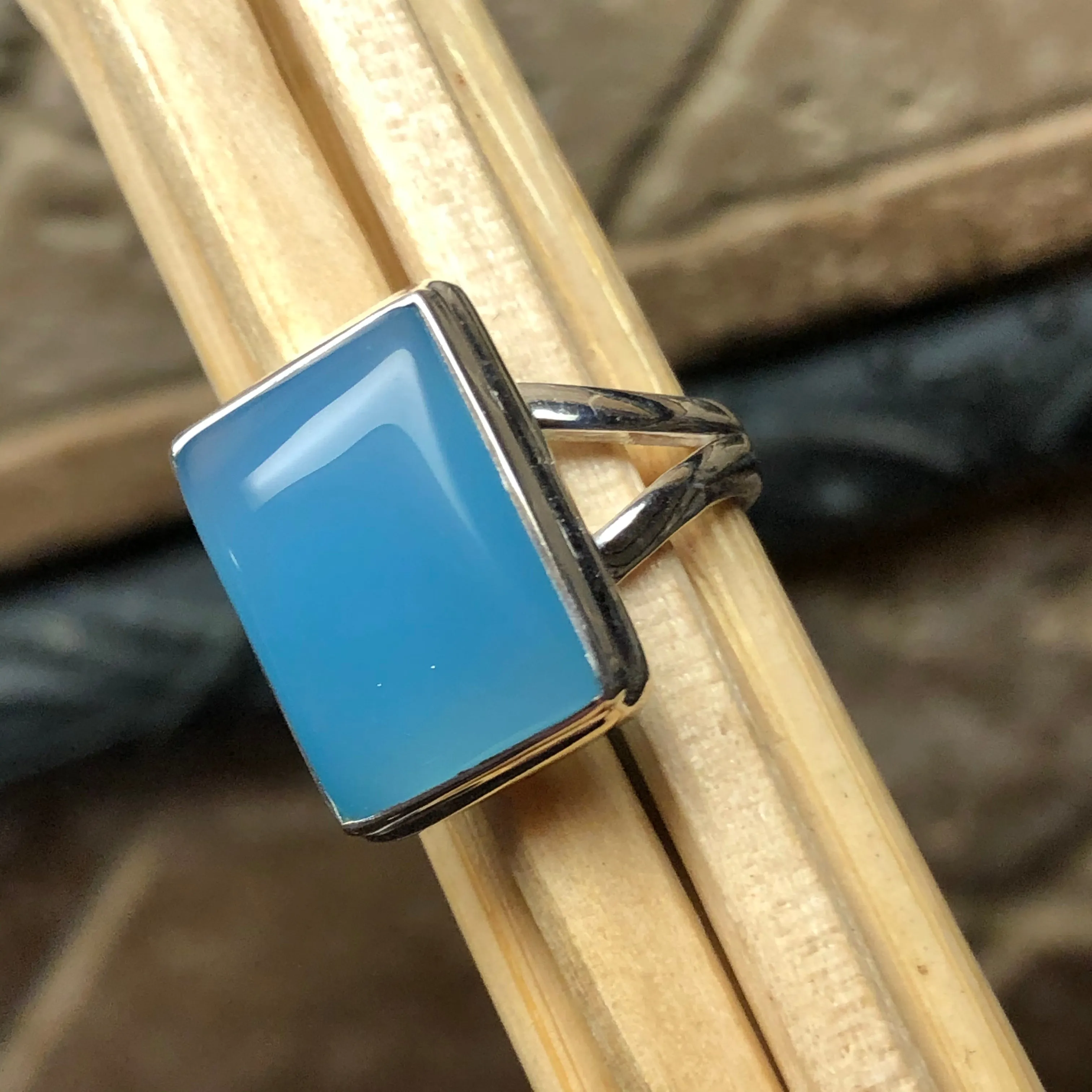 Natural Blue Chalcedony 925 Solid Sterling Silver Ring Size 7
