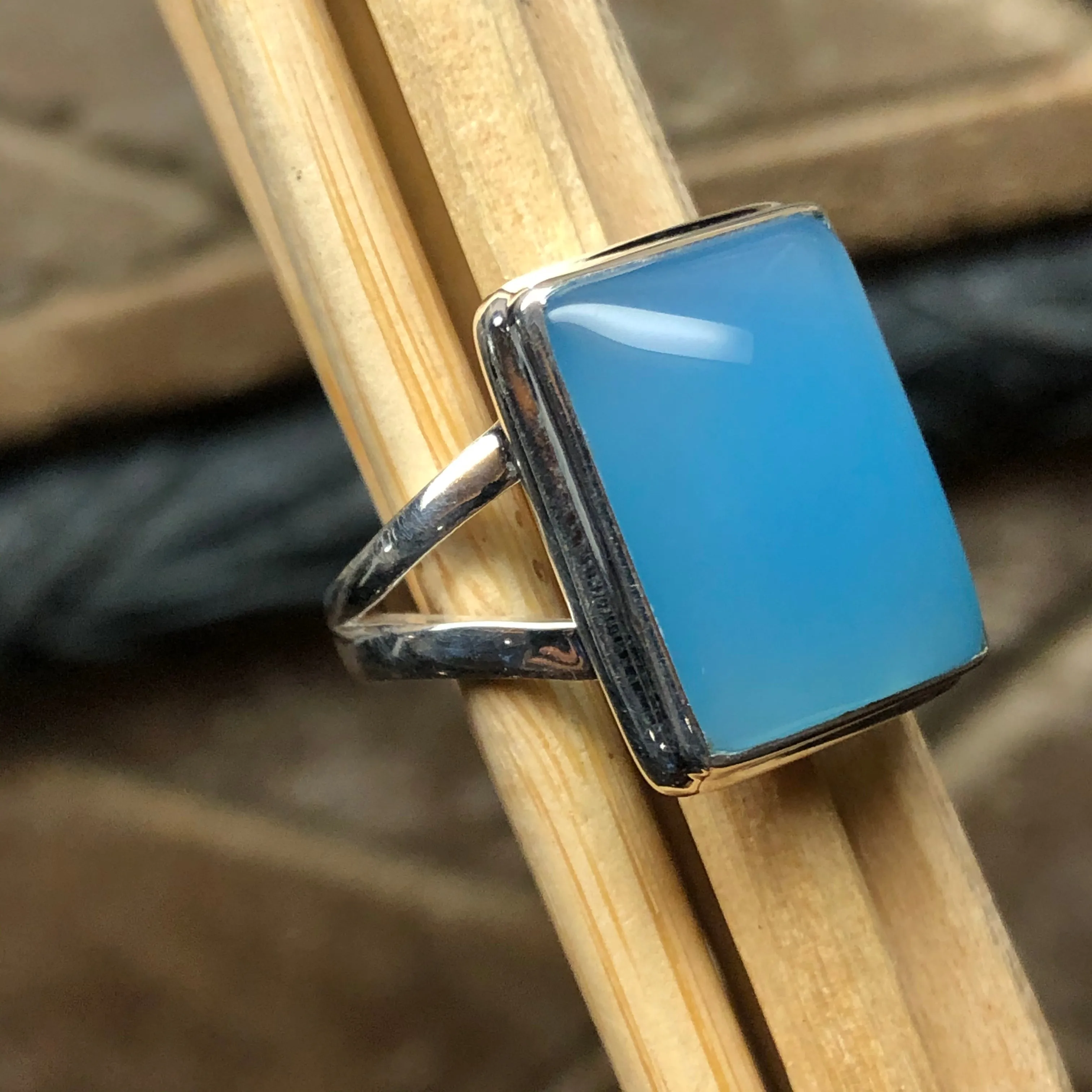 Natural Blue Chalcedony 925 Solid Sterling Silver Ring Size 7