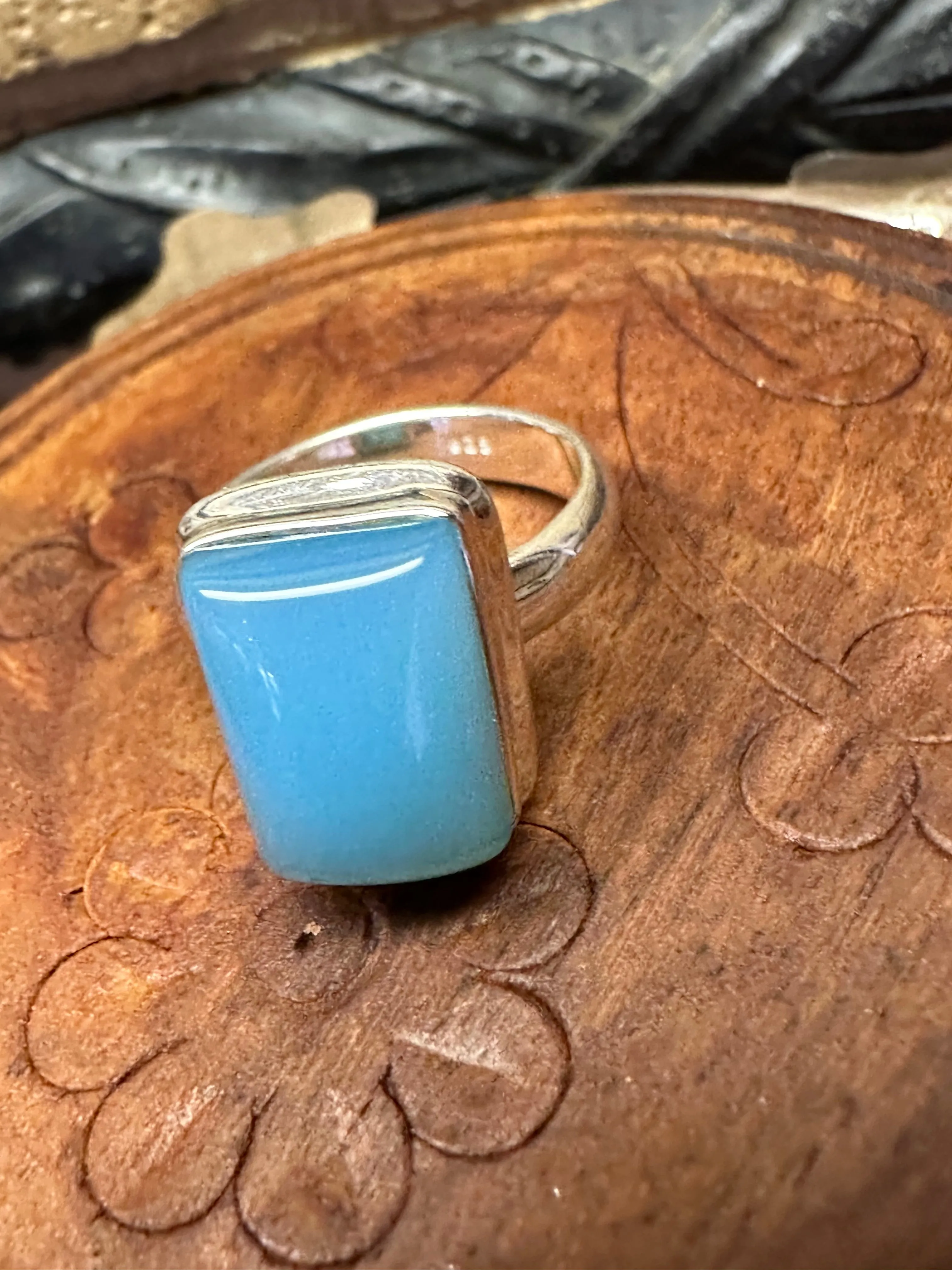 Natural Blue Chalcedony 925 Solid Sterling Silver Unisex Ring Size 7.75