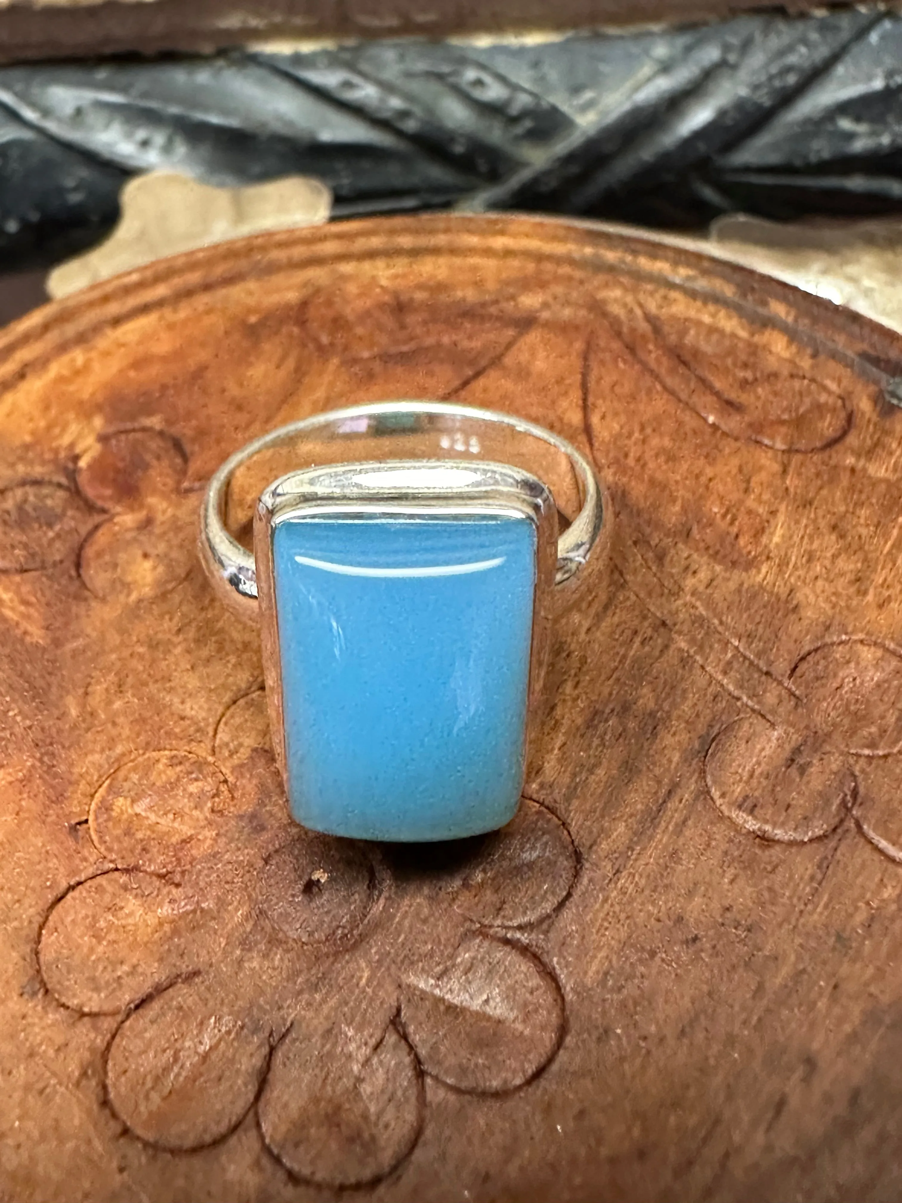 Natural Blue Chalcedony 925 Solid Sterling Silver Unisex Ring Size 7.75