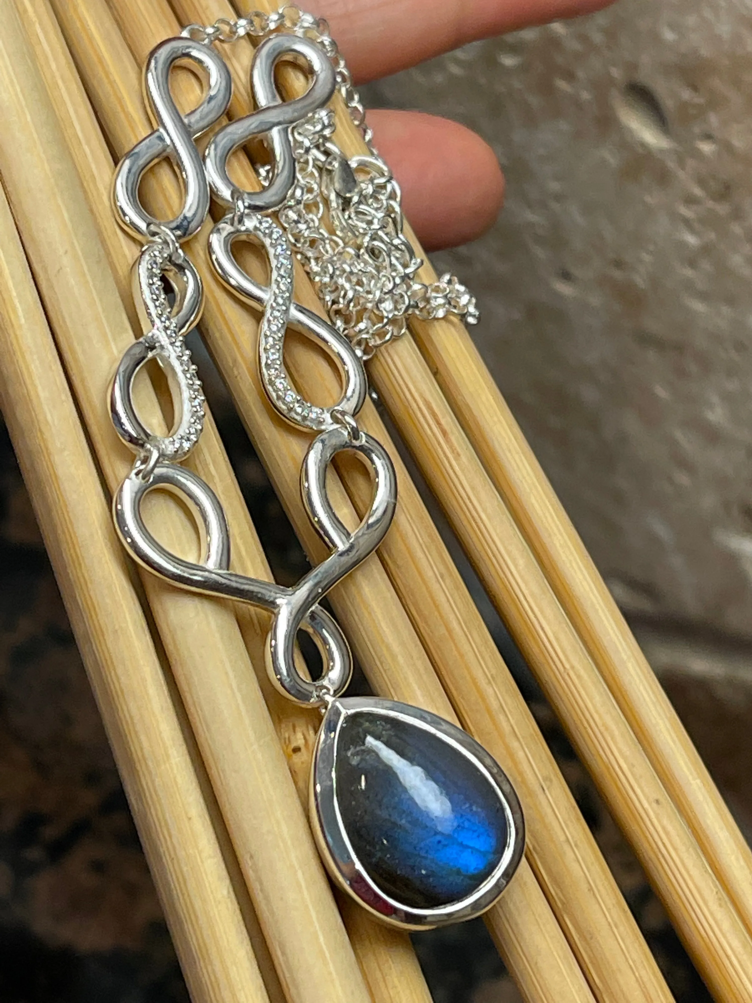 Natural Blue Labradorite 925 Solid Sterling Silver Necklace 18"