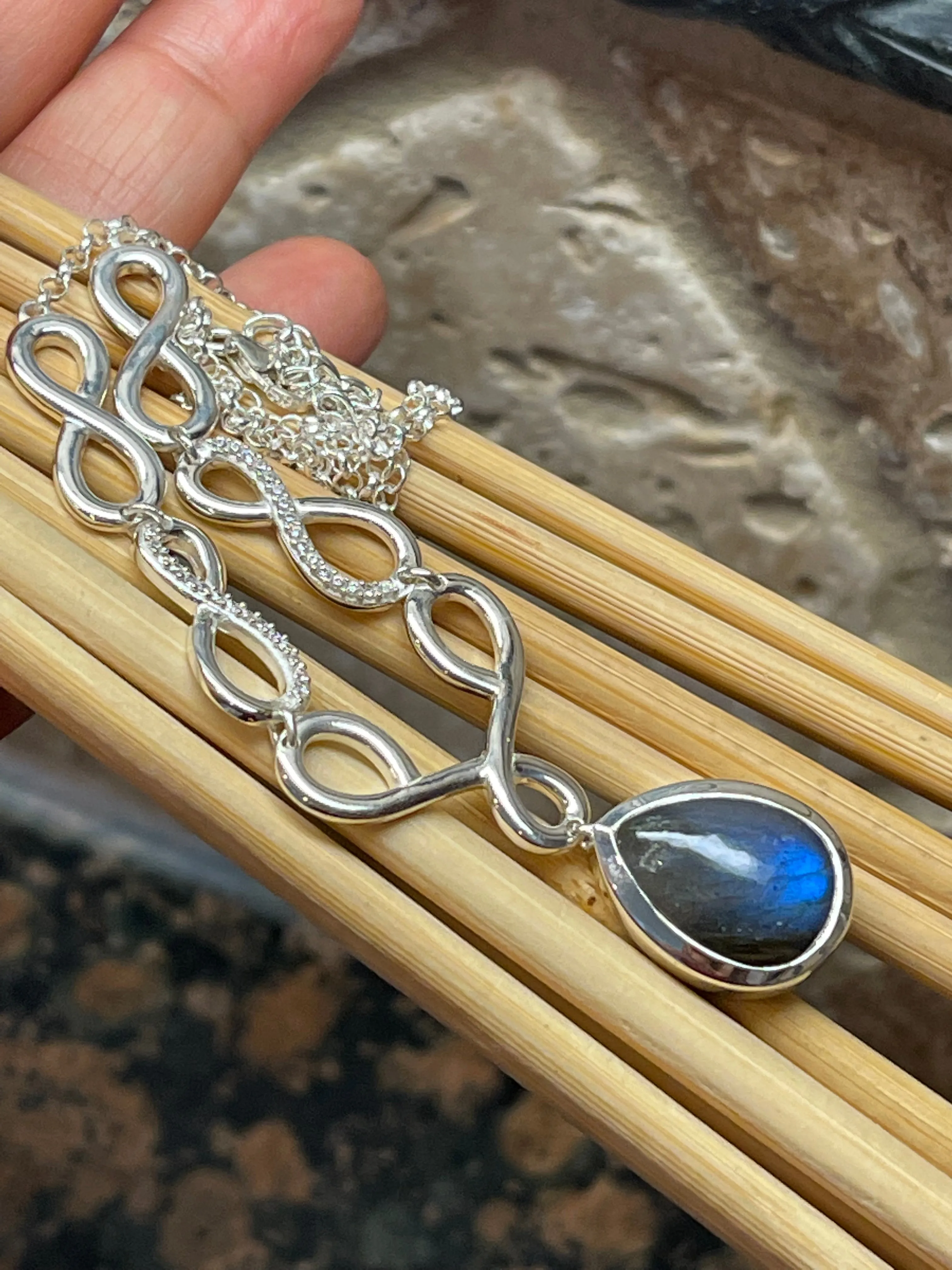 Natural Blue Labradorite 925 Solid Sterling Silver Necklace 18"