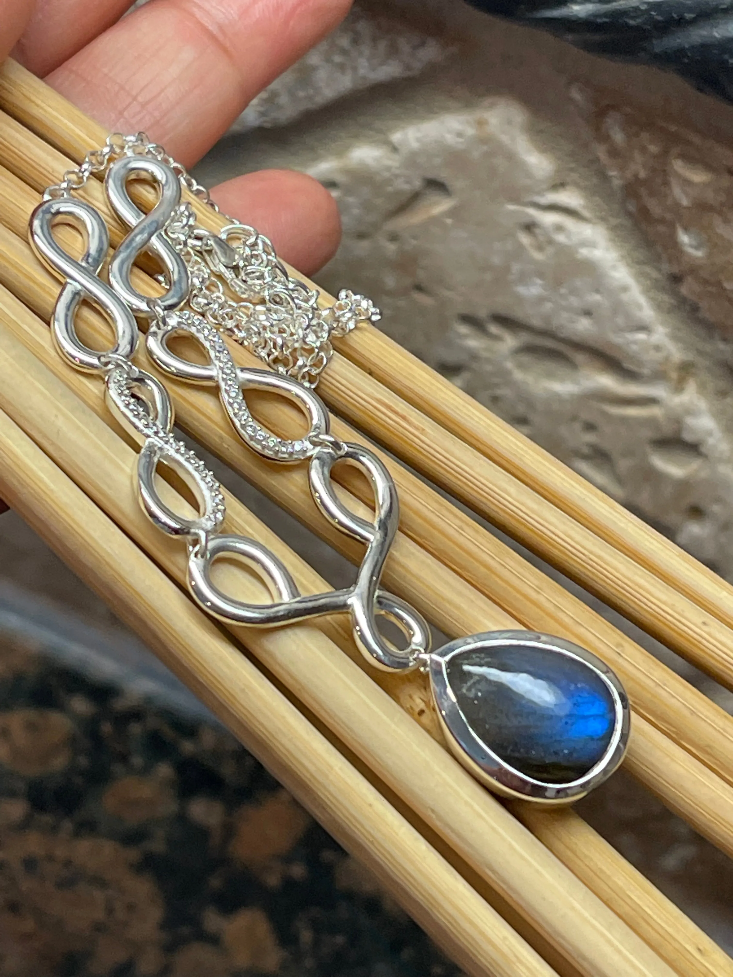 Natural Blue Labradorite 925 Solid Sterling Silver Necklace 18"