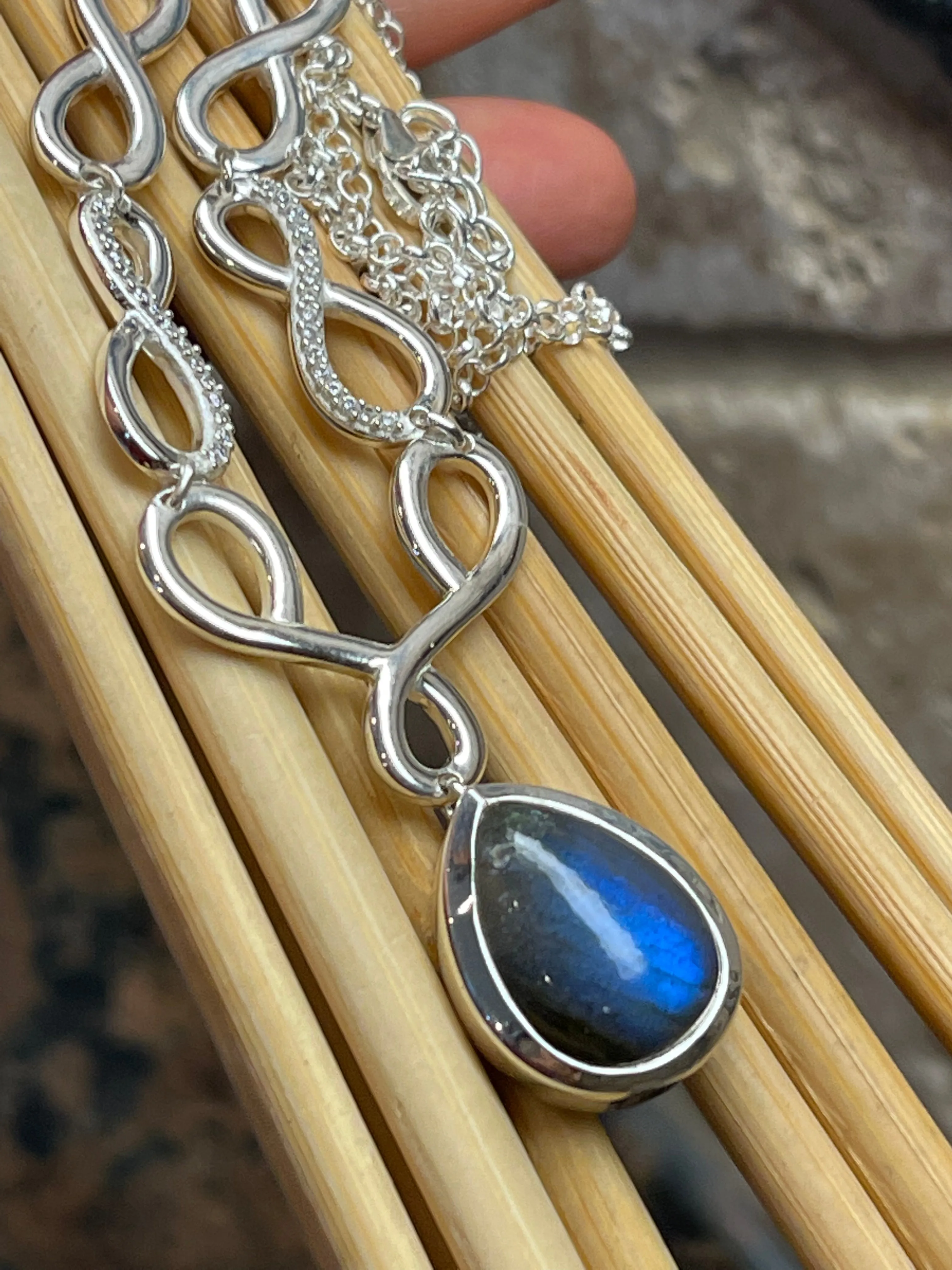 Natural Blue Labradorite 925 Solid Sterling Silver Necklace 18"