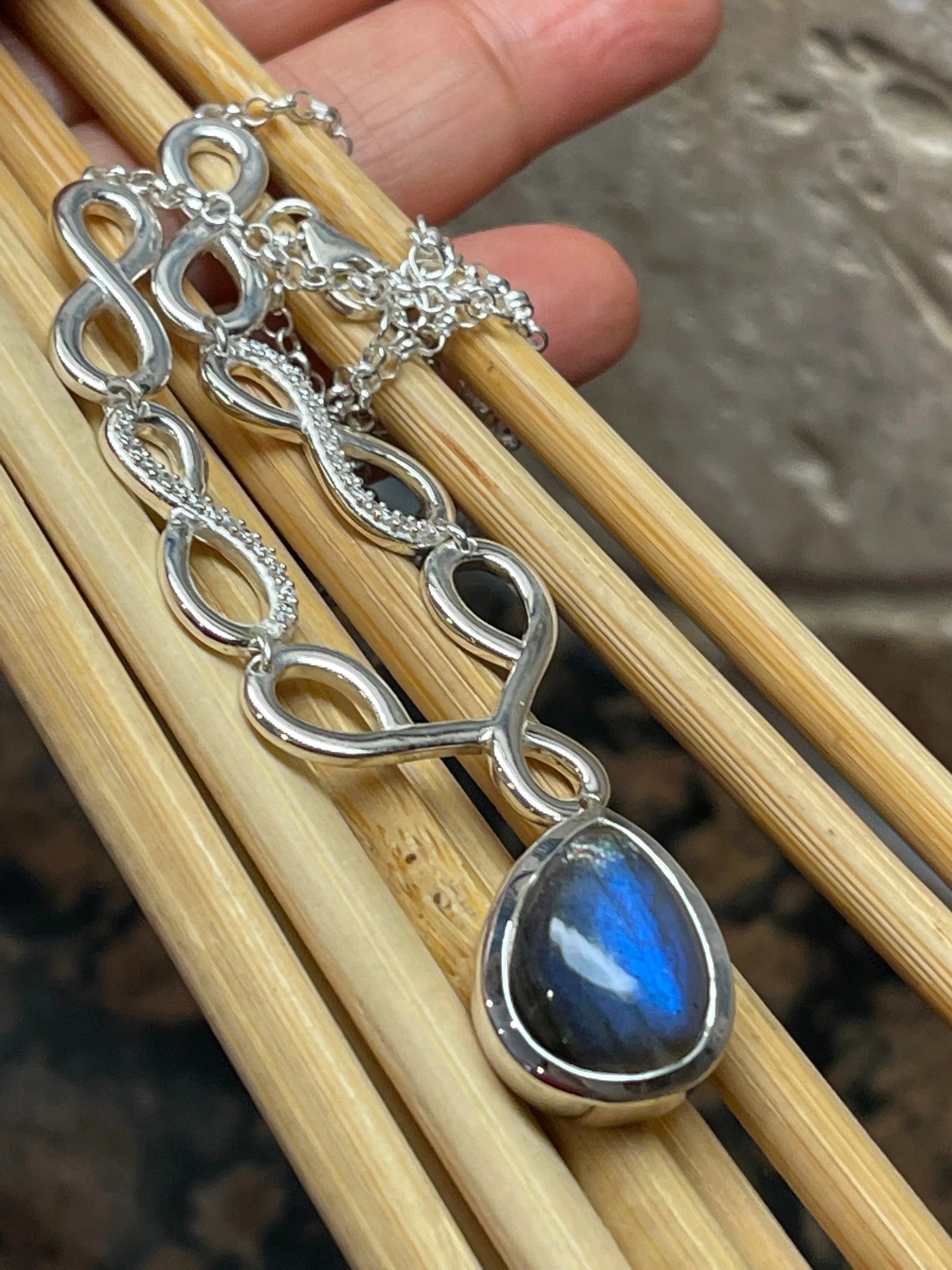 Natural Blue Labradorite 925 Solid Sterling Silver Necklace 18"