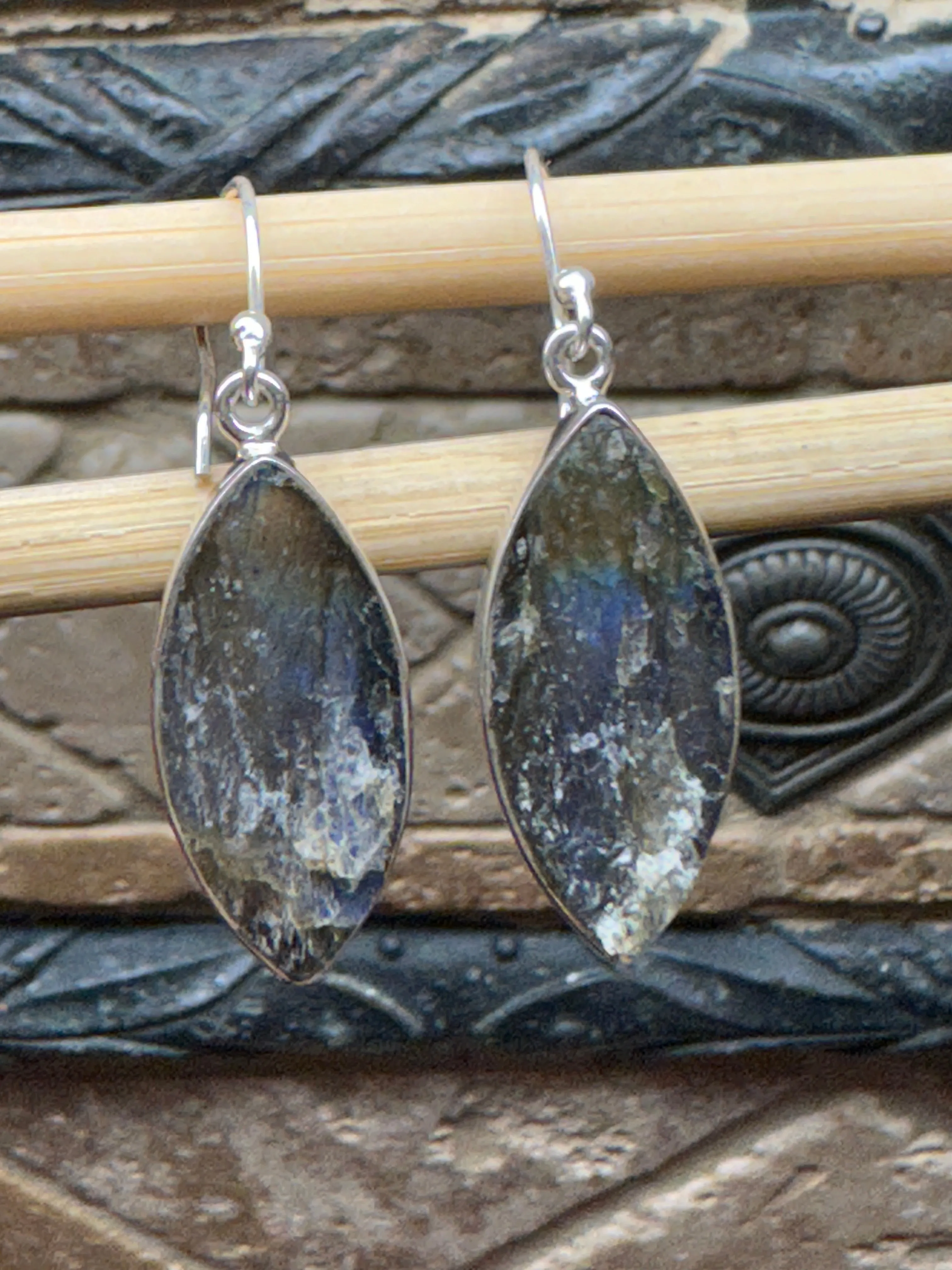 Natural Blue Labradorite 925 Sterling Silver Earrings 35mm