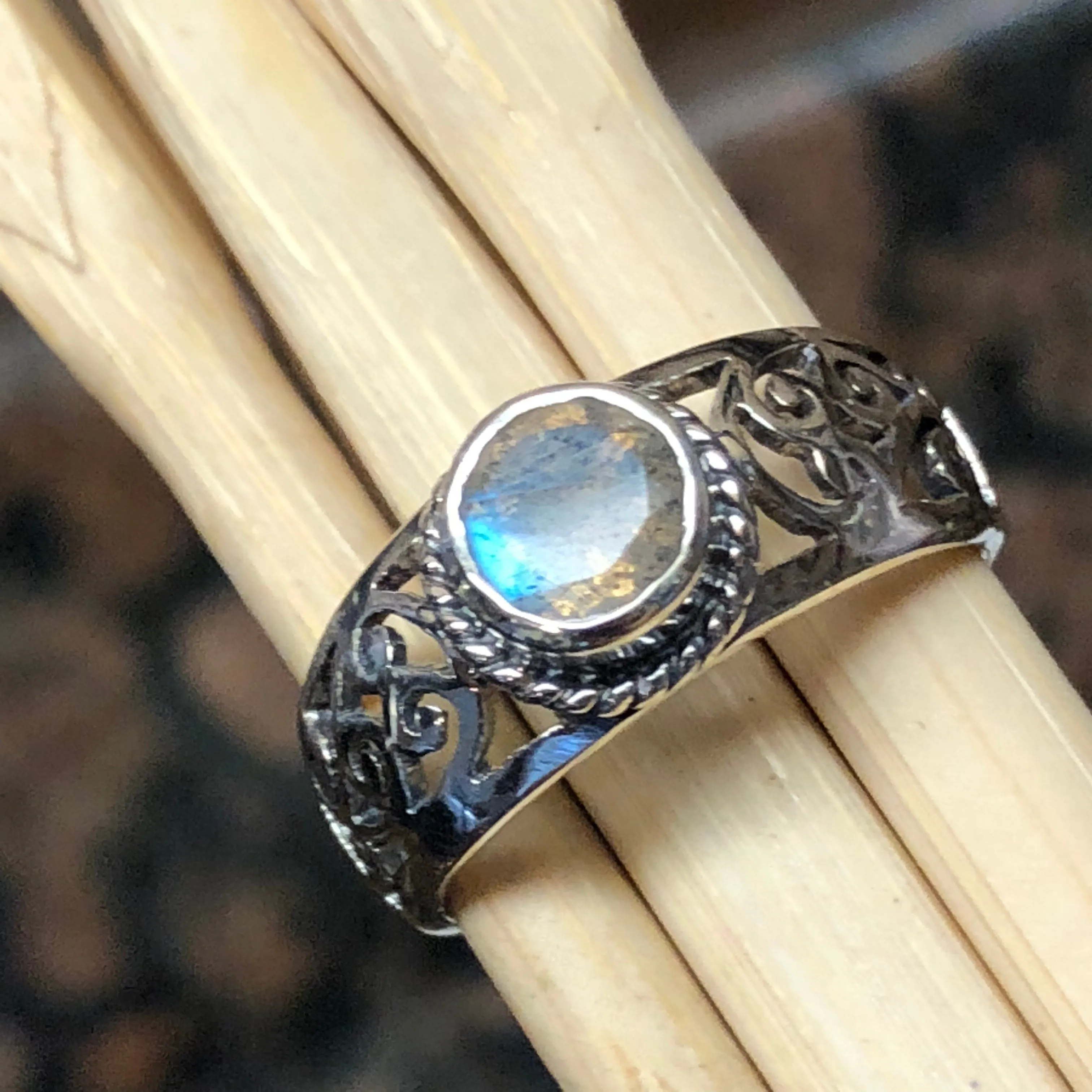 Natural Blue Labradorite 925 Sterling Silver Engagement Ring Size 6, 7, 8, 9