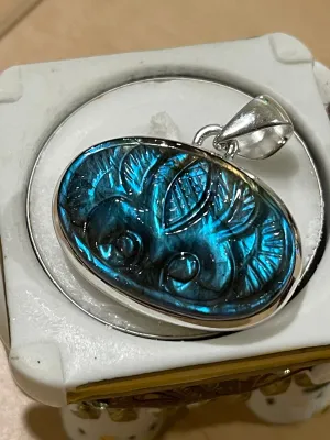 Natural Blue Labradorite 925 Sterling Silver Handcarved Pendant 30mm