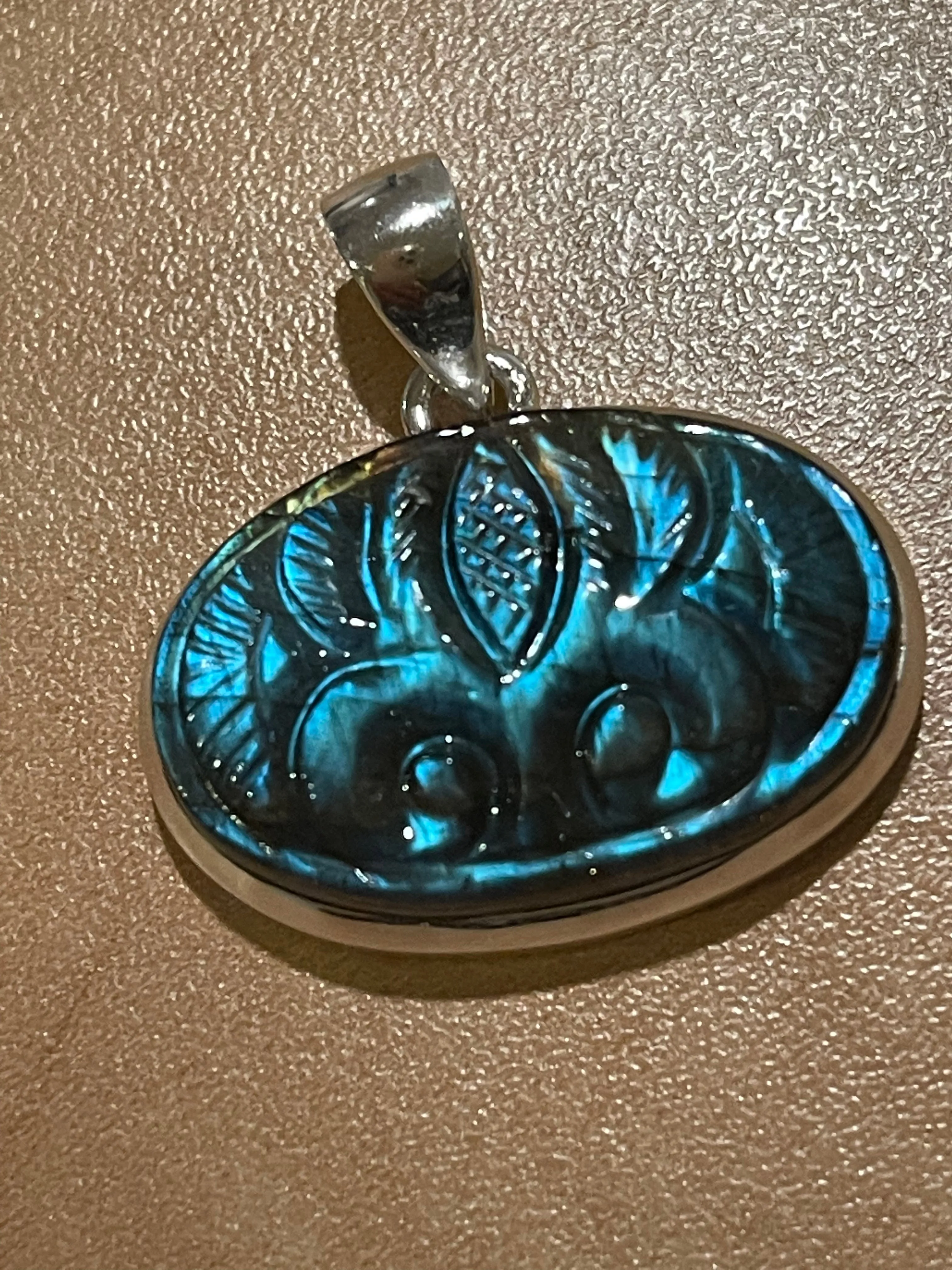 Natural Blue Labradorite 925 Sterling Silver Handcarved Pendant 30mm
