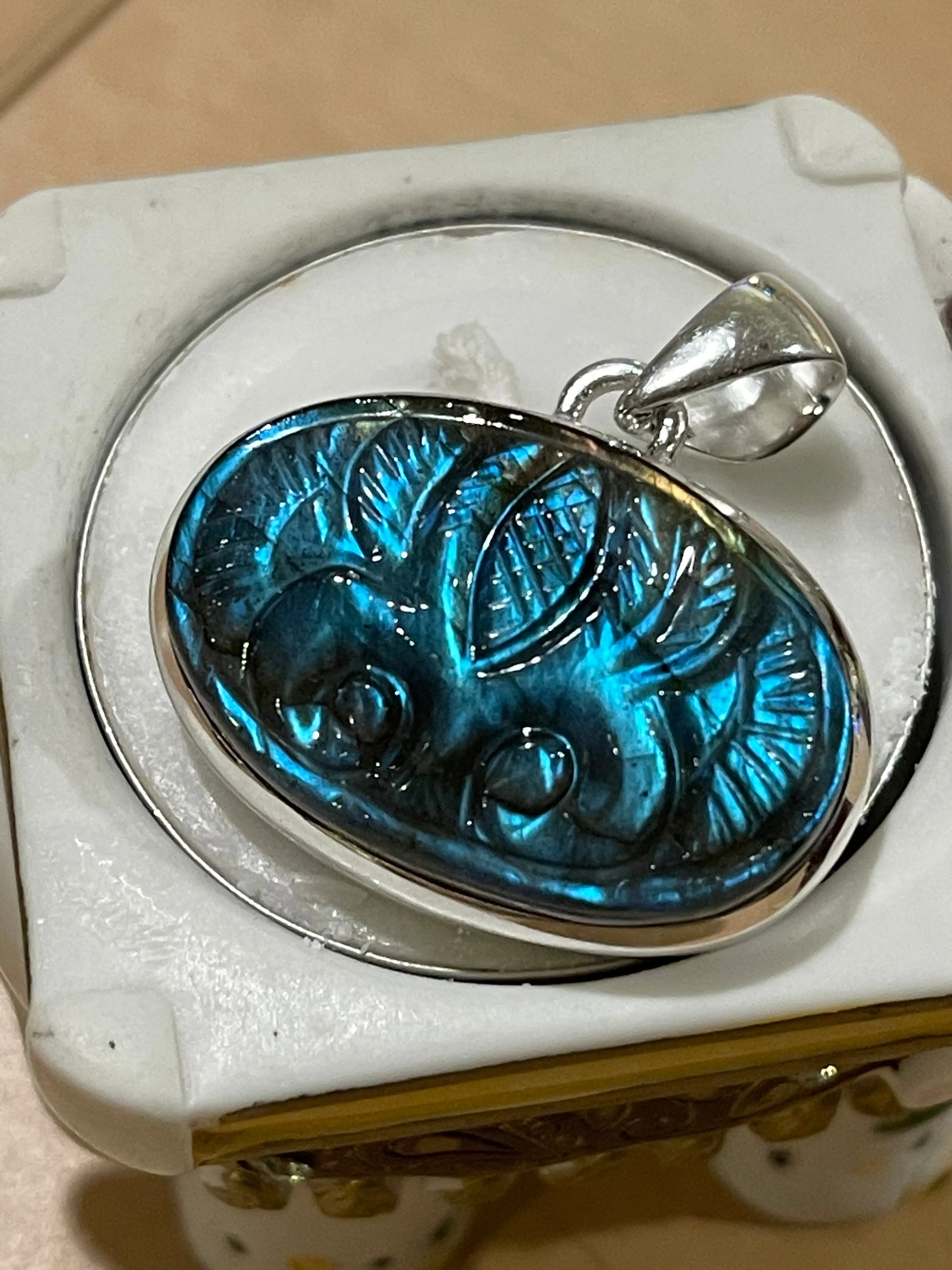 Natural Blue Labradorite 925 Sterling Silver Handcarved Pendant 30mm