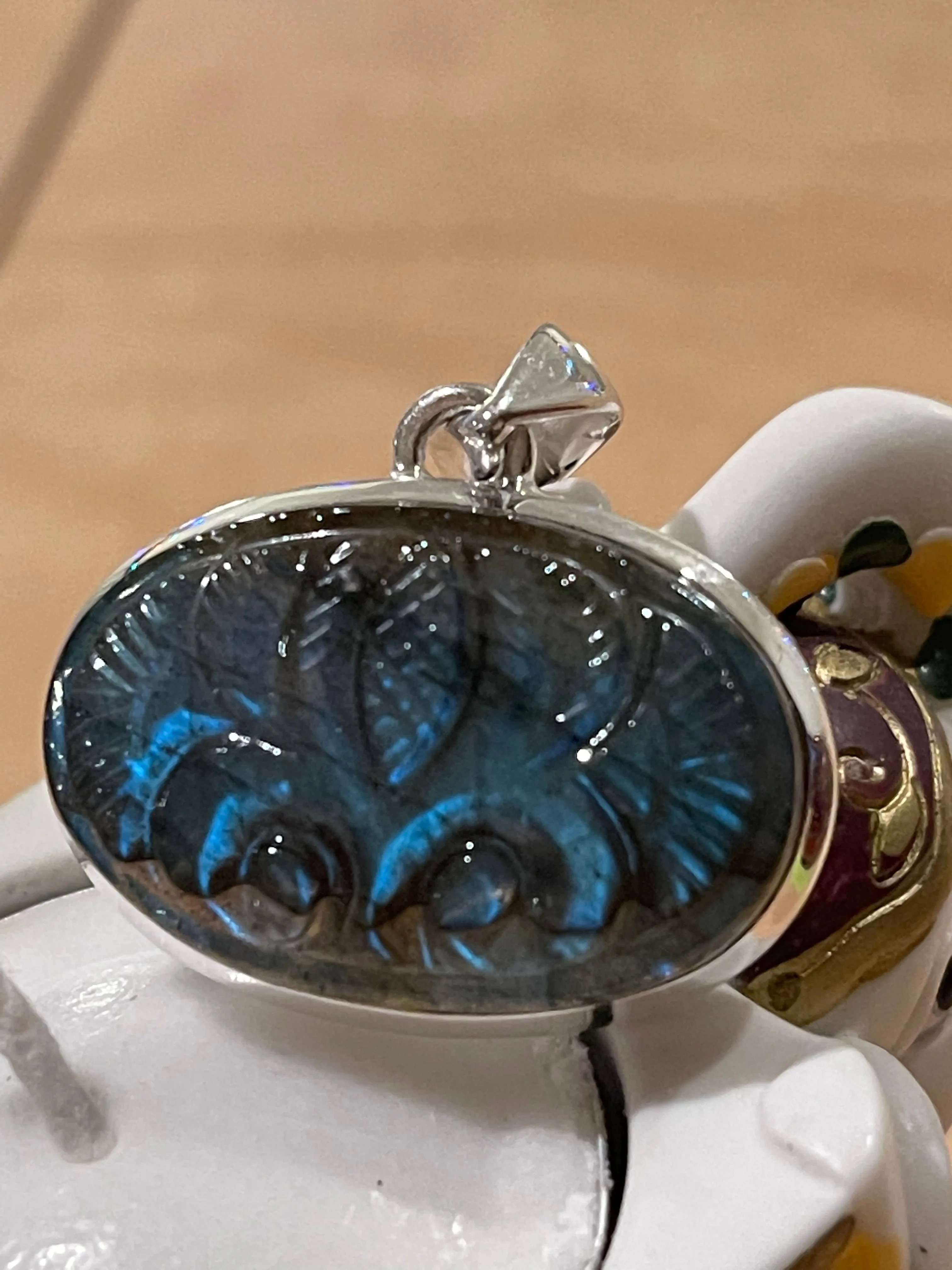 Natural Blue Labradorite 925 Sterling Silver Handcarved Pendant 30mm